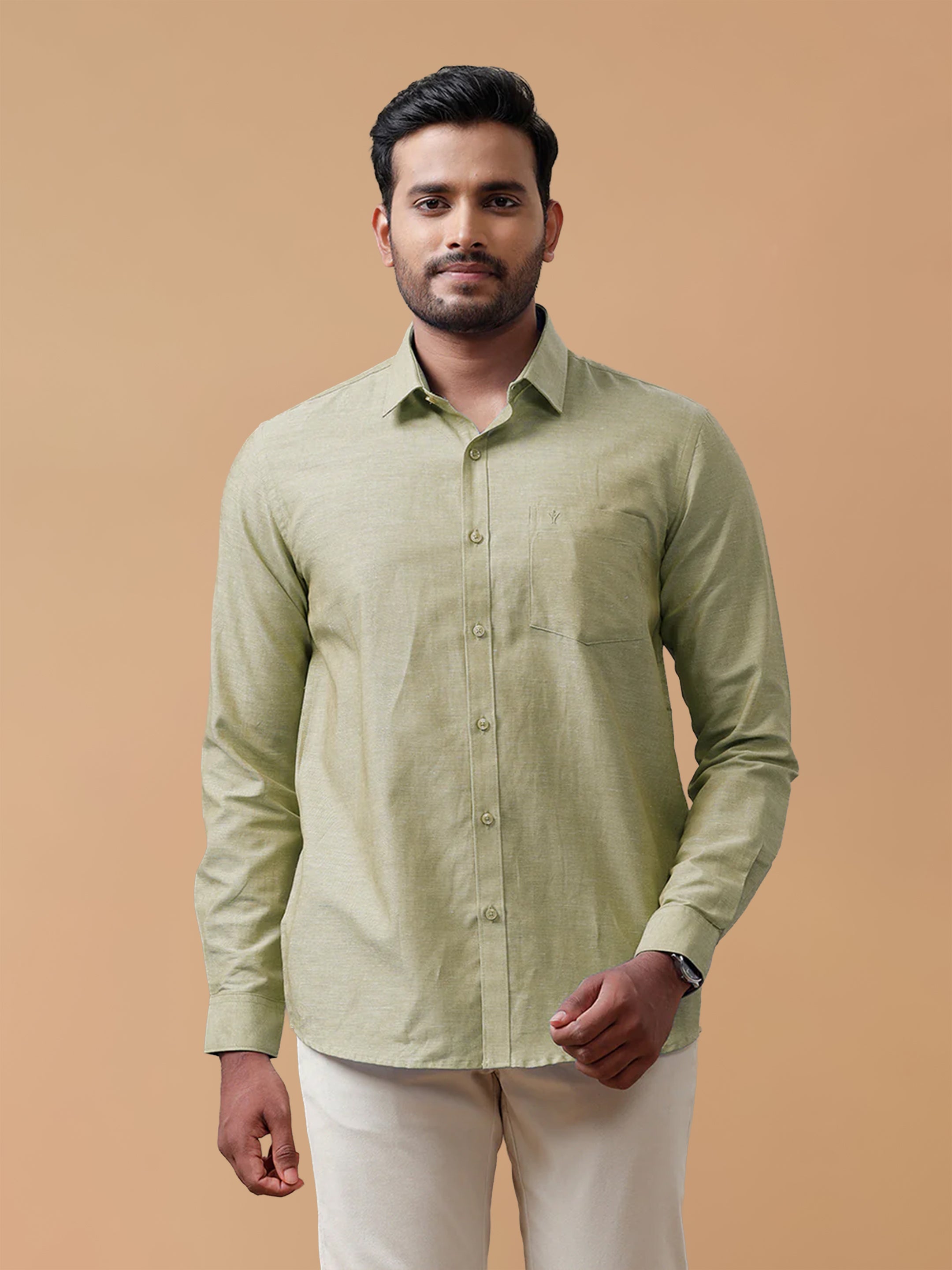 Linen Cotton Olive Green Regular Fit Shirt LF25