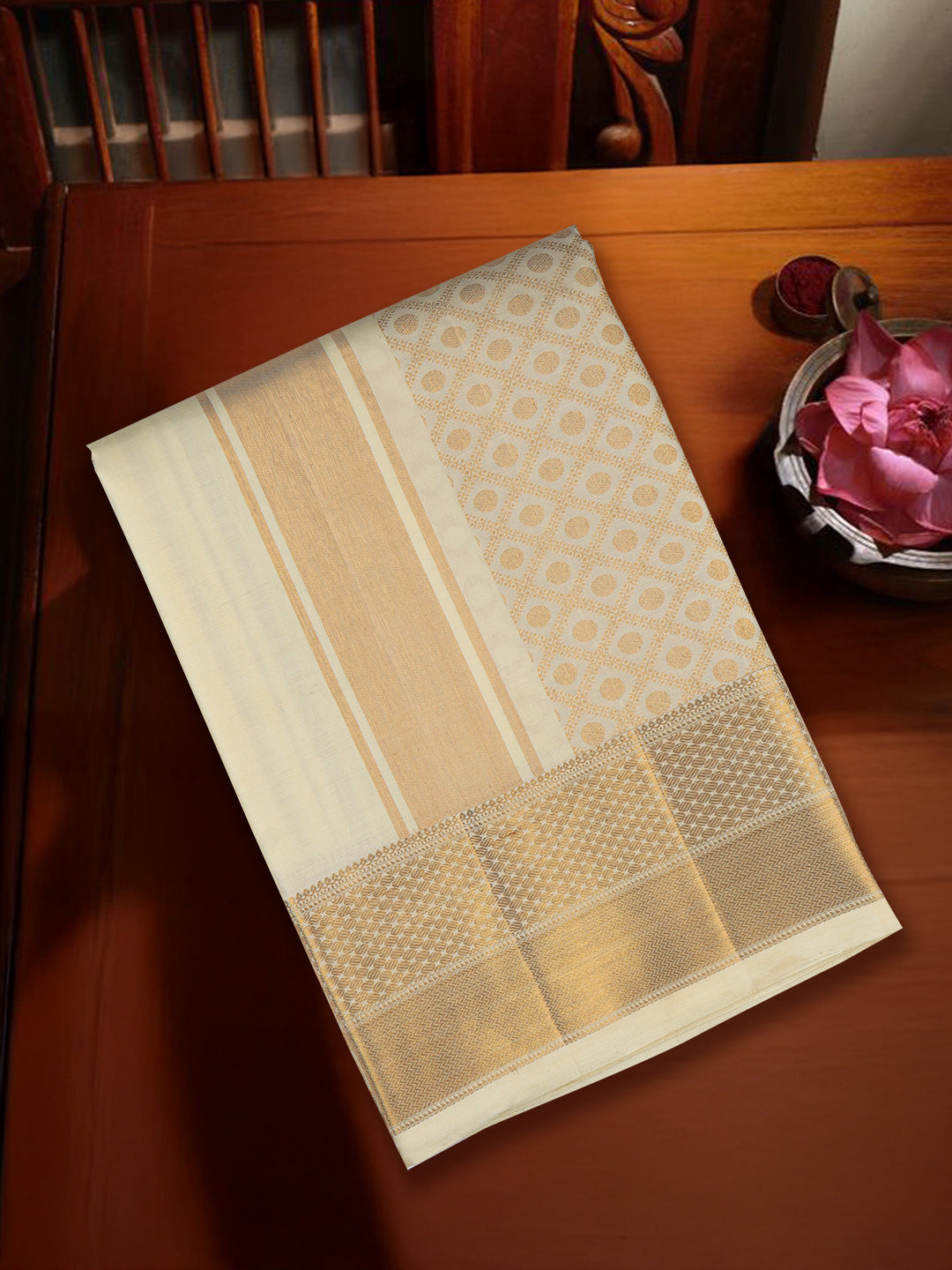 Men Premium Pure Silk Cream Dhoti & Towel Set with 6" inch Gold Jari Border Amirtham AM11