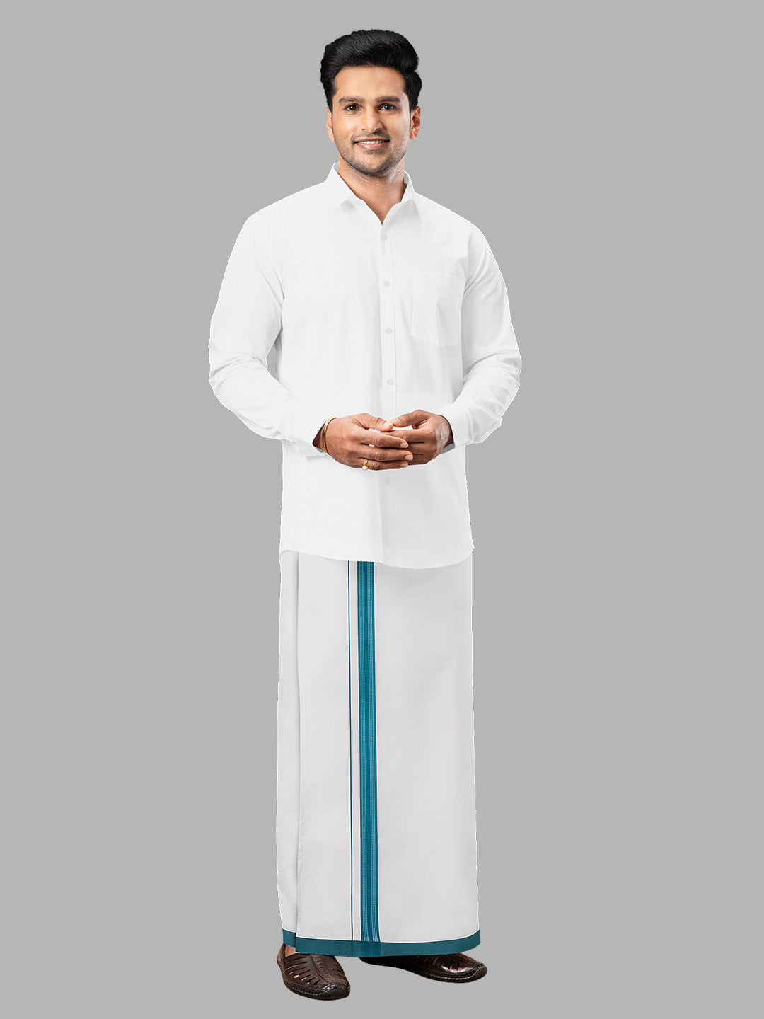 Men Blue Fancy Border Single Layer Adjustable Pocket Dhoti GACF17