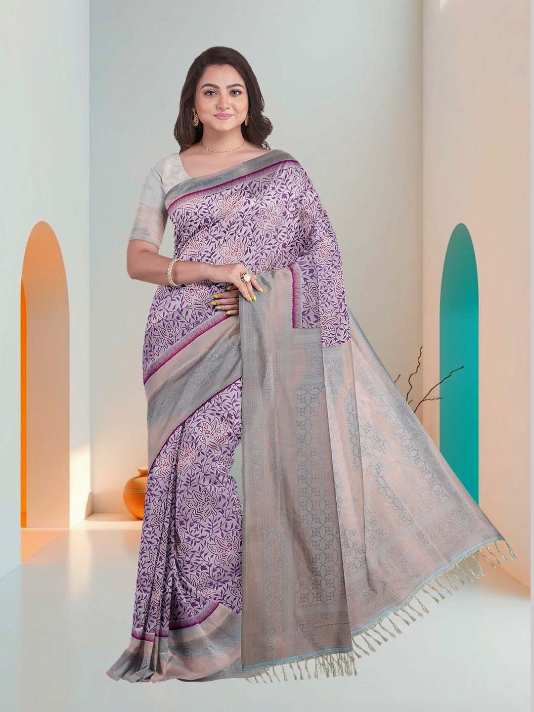 Women Grape with Green Art Silk Printed Saree ASS64