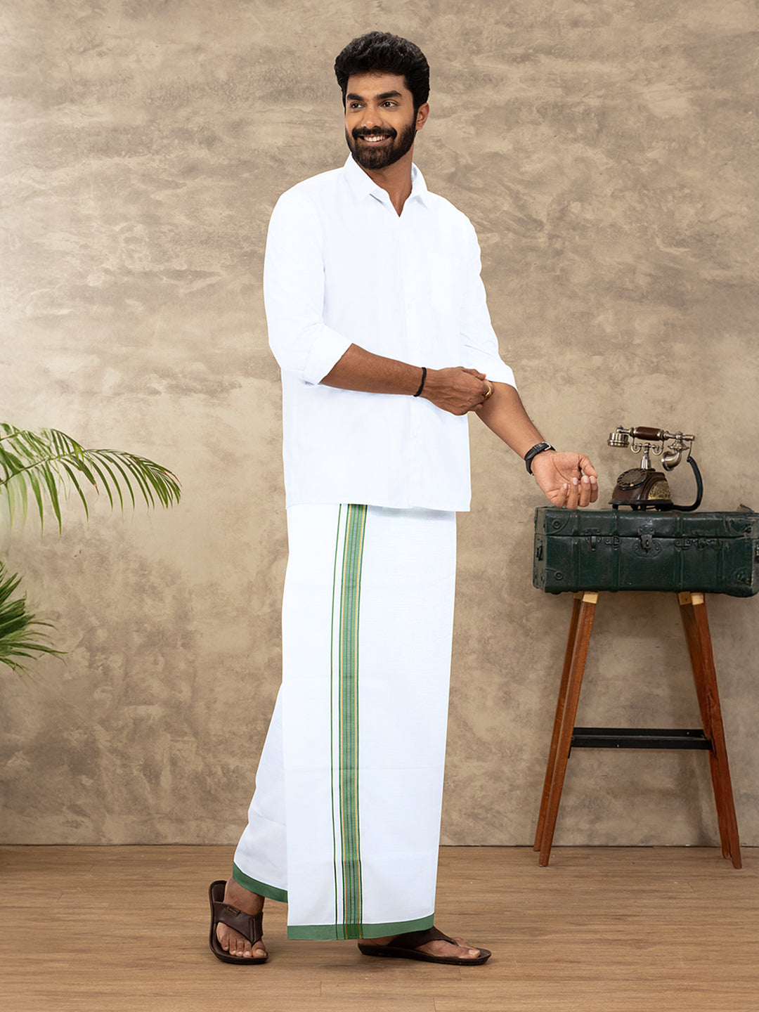 Men Cotton Blend Single Layer White Dhoti with Fancy Jari Border HGF30