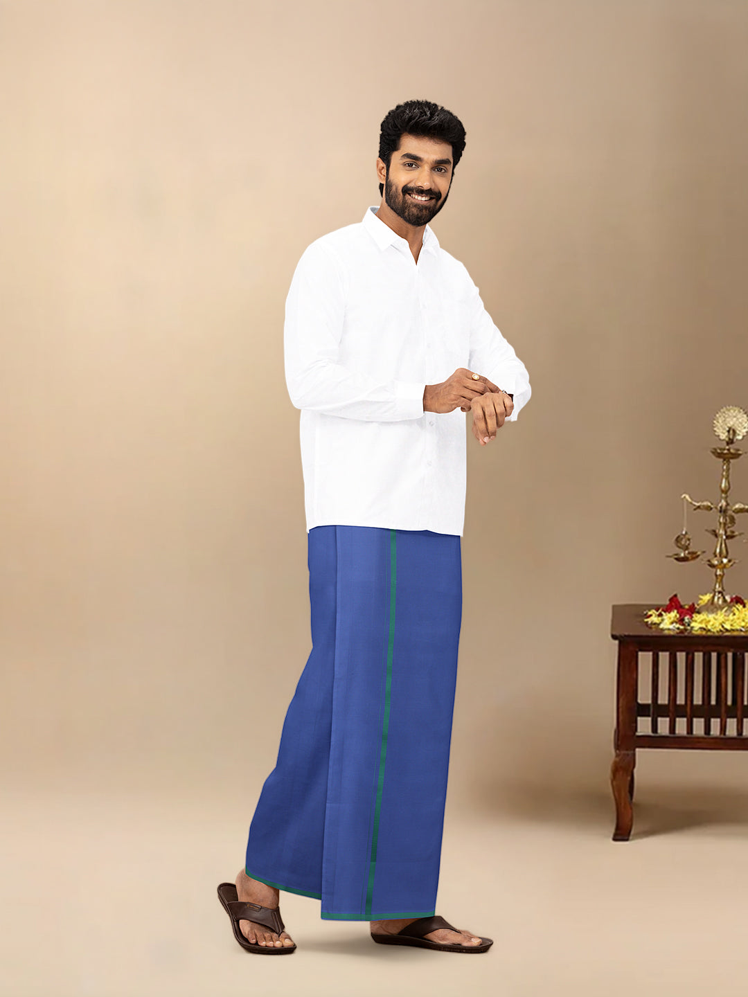 Men Cotton Blend Single Layer Blue Dhoti & Towel Set with Green Border Poojan
