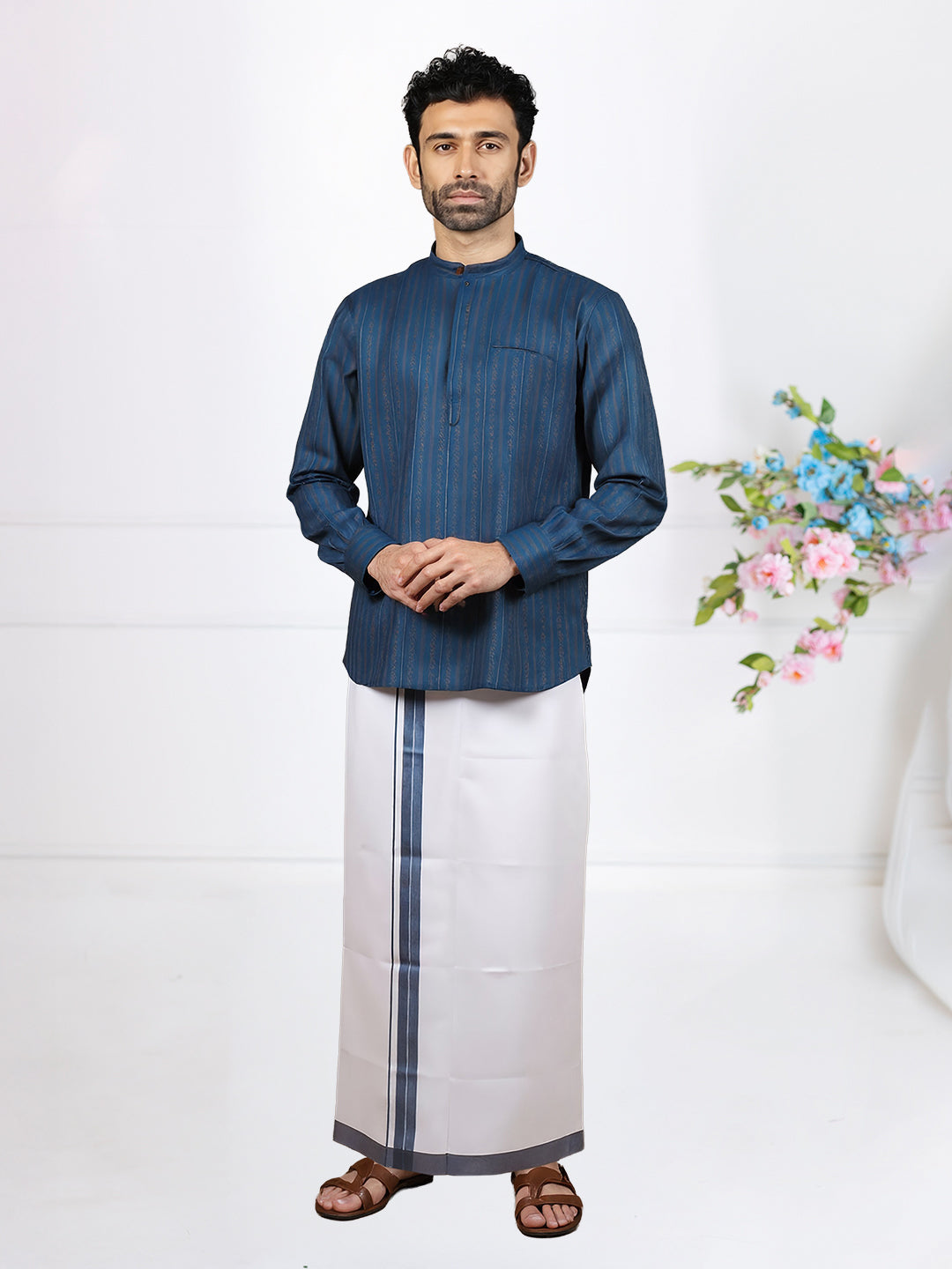 Men Peacock Blue Short Length Kurta with Matching Border Dhoti Set RJ47