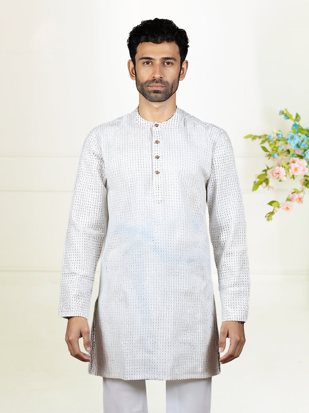 Men Cotton Medium Length Self Design Pocket Kurta White PC7