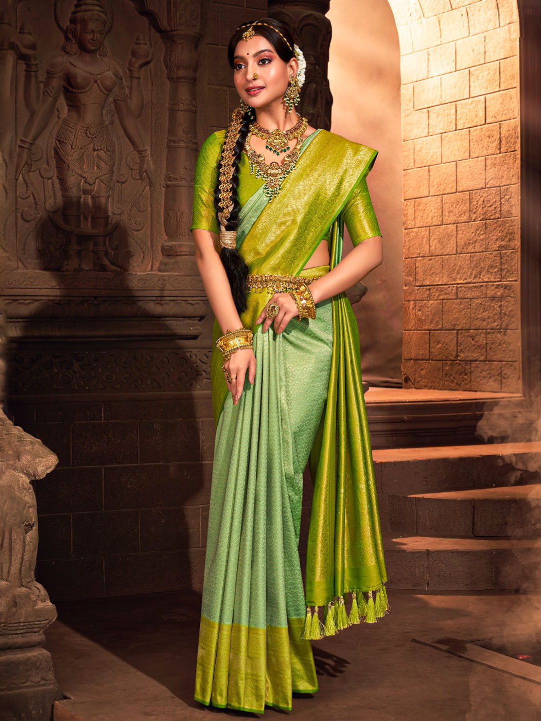 Womens Semi Silk Saree Green SS201