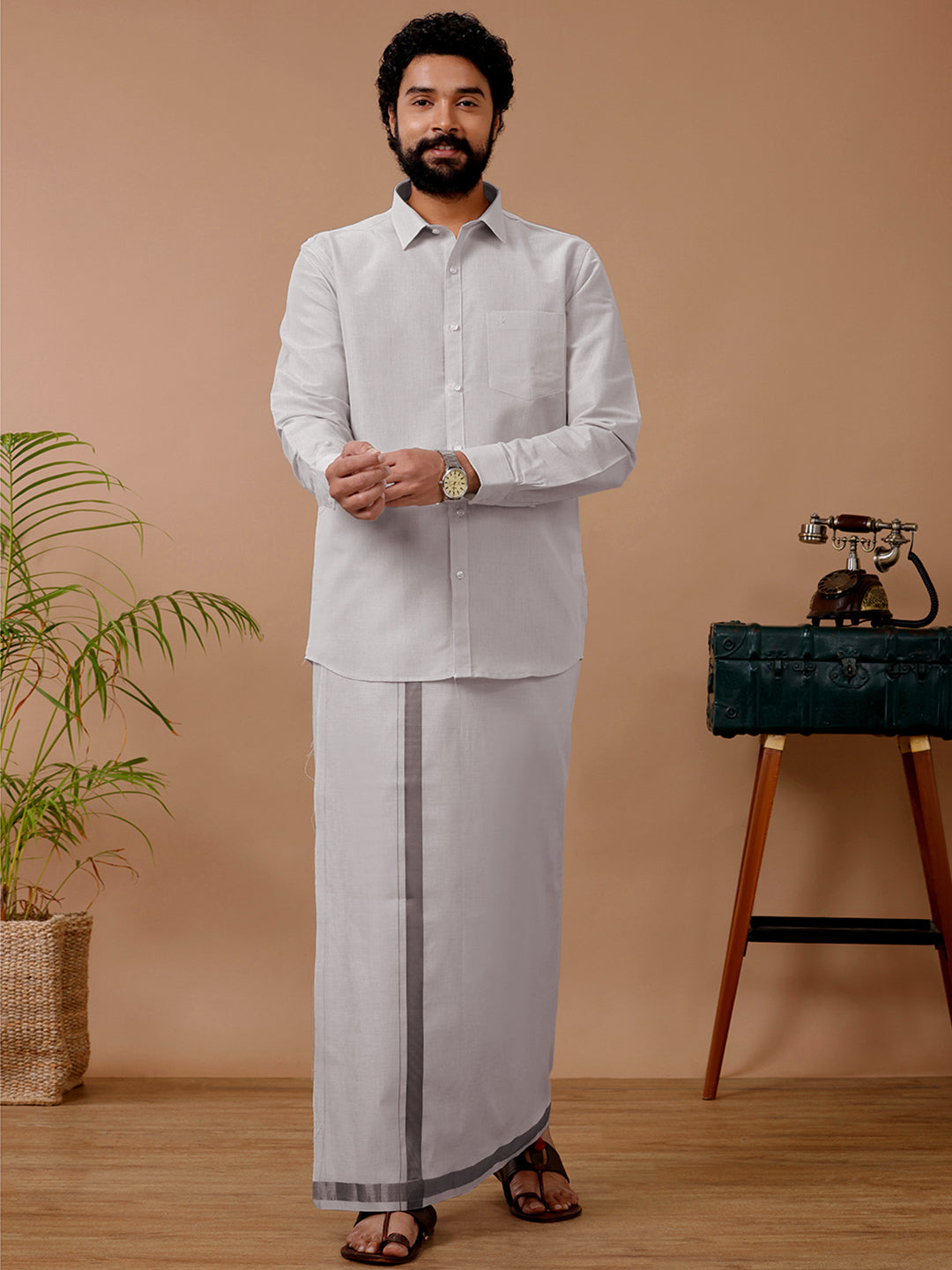 Men Tissue Dhoti & Full Sleeves Shirt Set Licorice