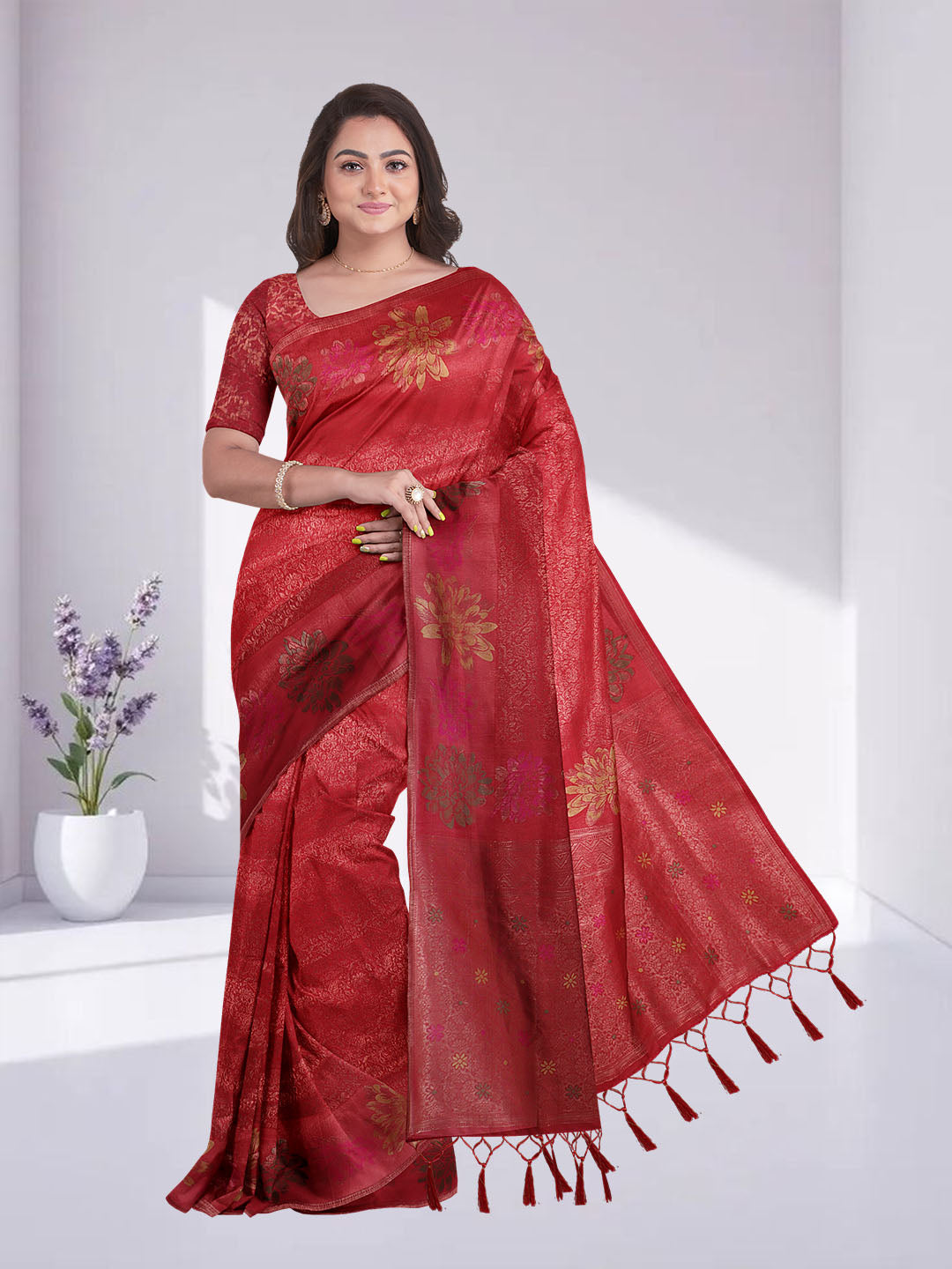 Women Red Semi Mysore Silk Saree SS375