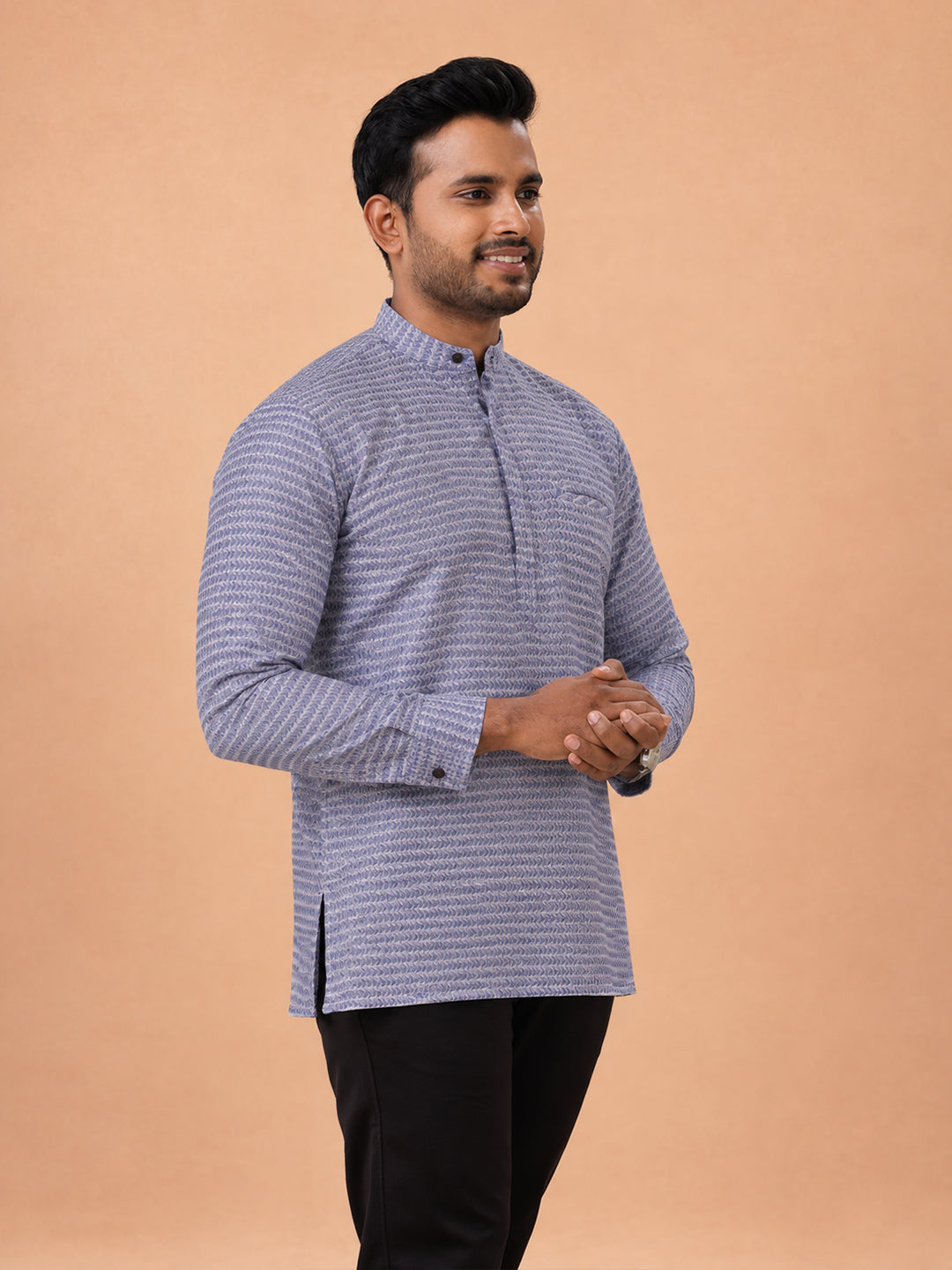 Cotton Short Length Self Design Pocket Kurta Denim Blue RJ44