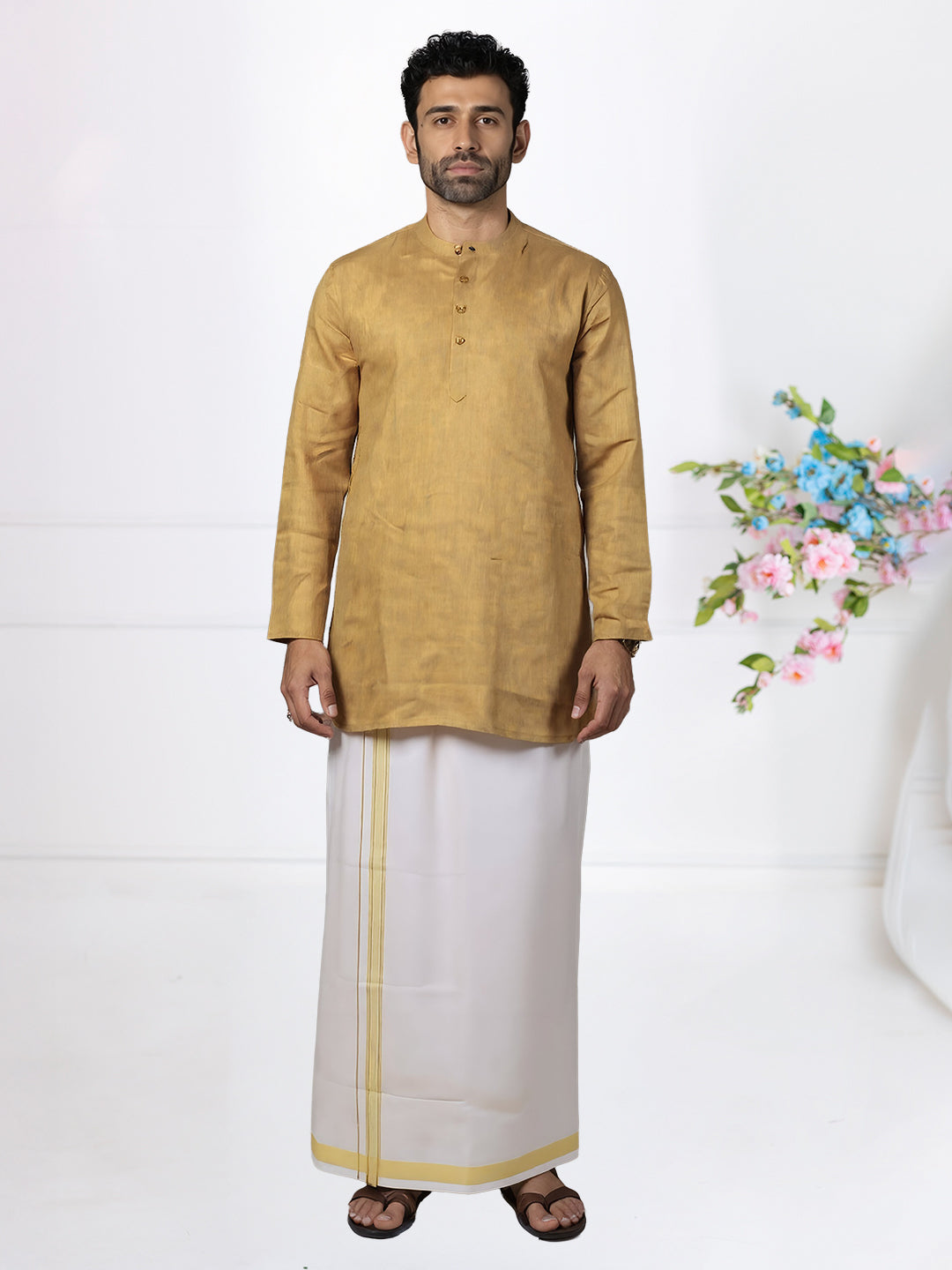 Men Mustard Yellow Medium Length Kurta with Matching Border Dhoti Set KAL20