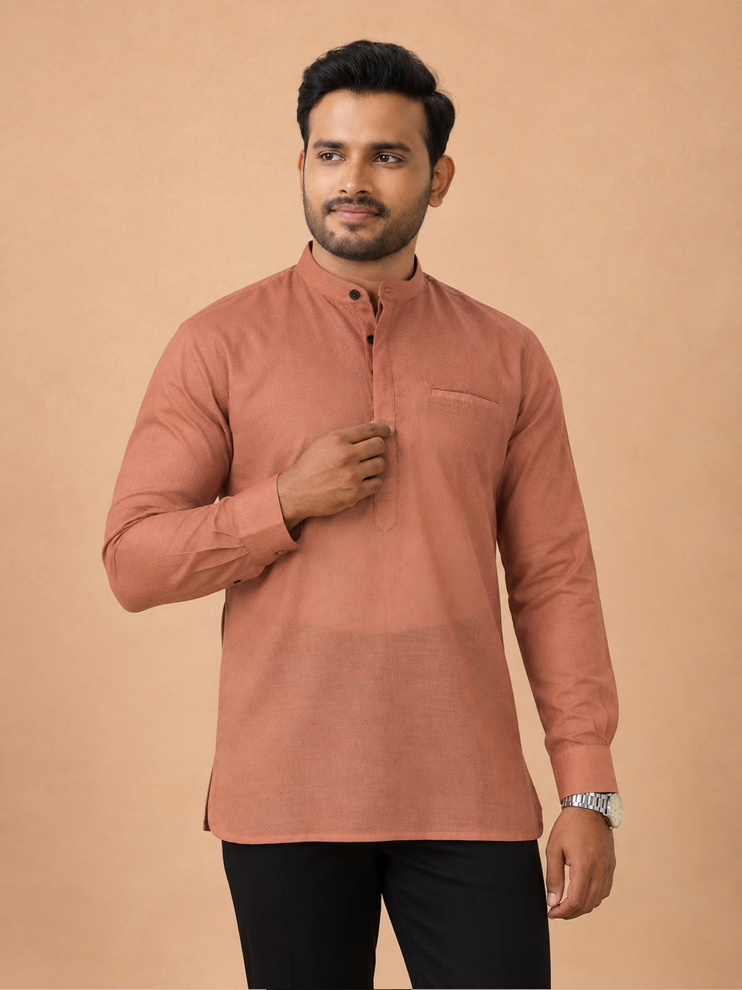Cotton Short Length Self Design Pocket Kurta Peach Saffron RJ43