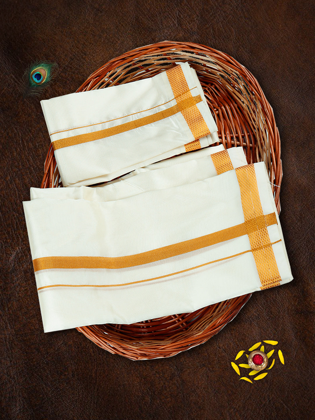 Men Cream with 3/4'' Inch Gold Jari Border Double Layer Dhoti & Towel Set Iswaryam