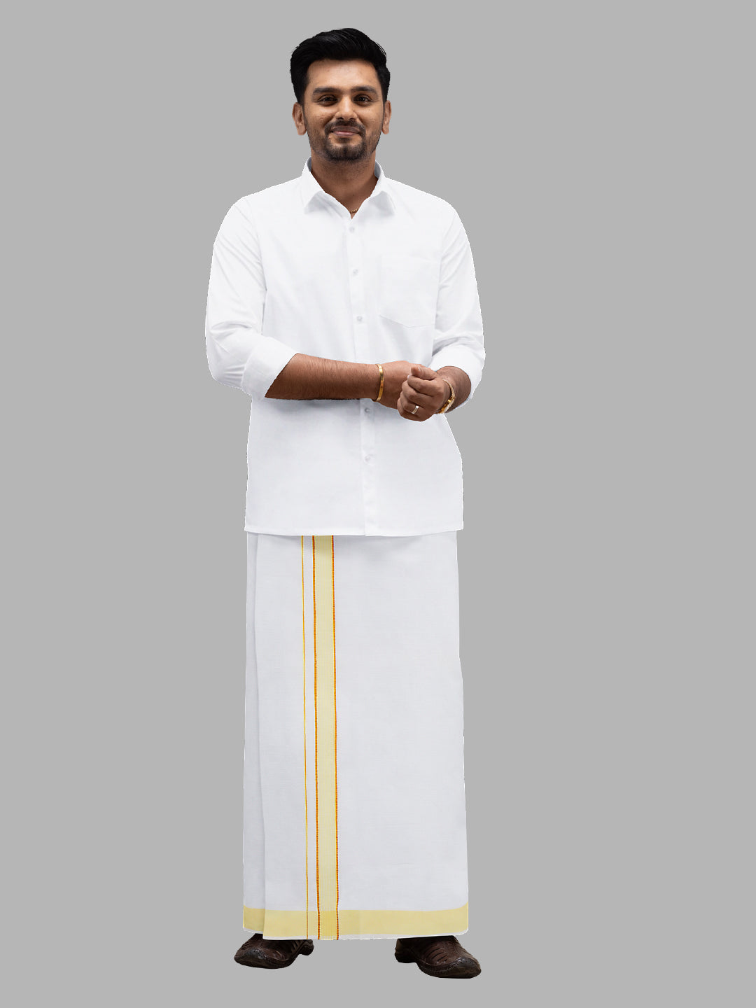 Men Yellow Adjustable Pocket Dhoti with Fancy Border GACJ22