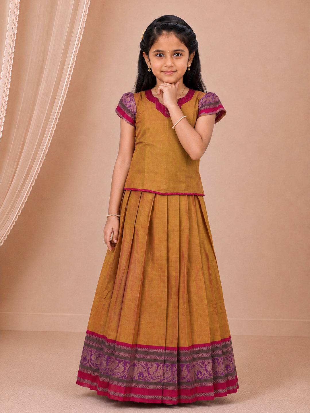 Girls Cotton Mustard with Pink Pattu Pavadai Set GPS59