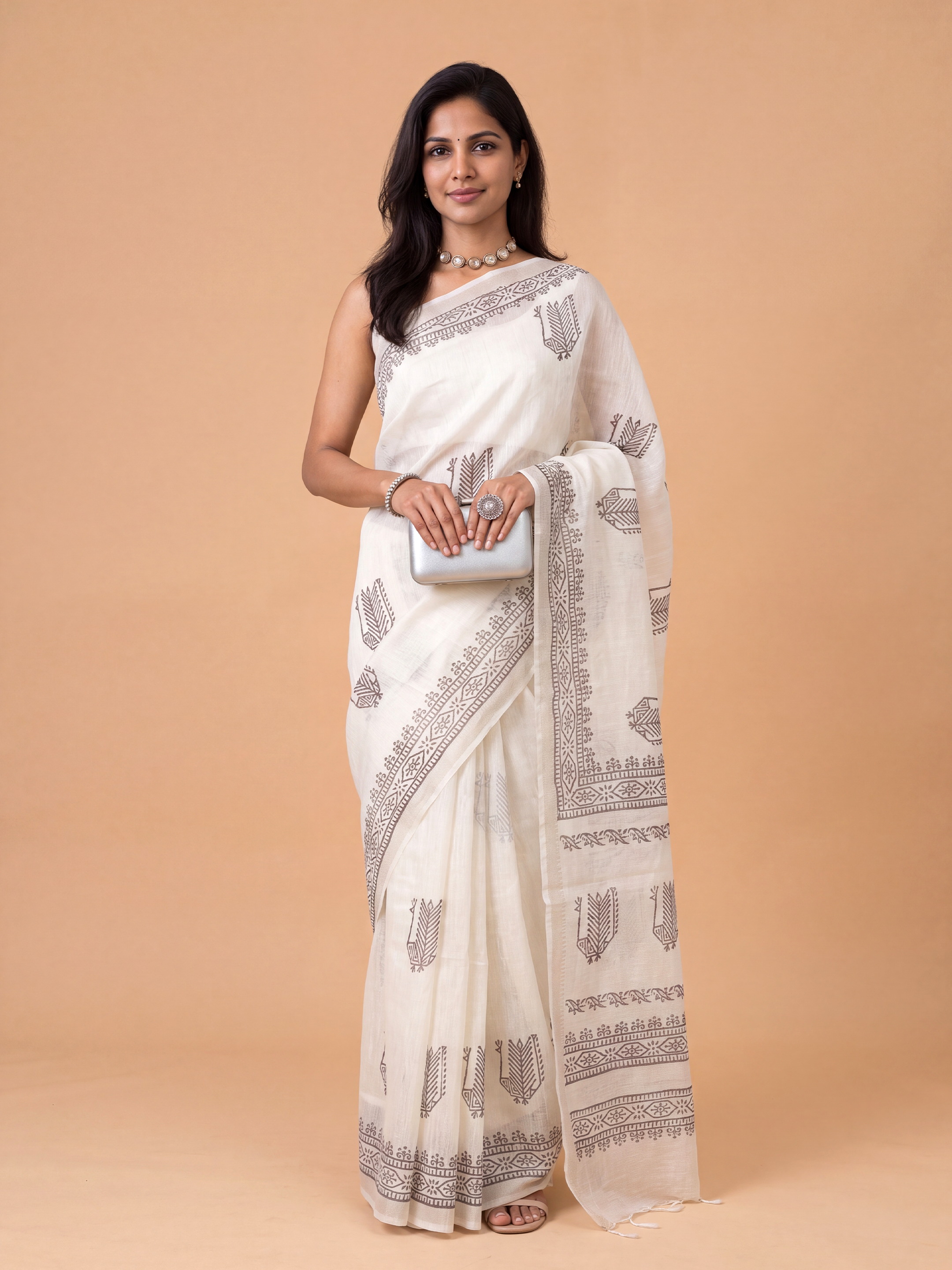 Women White Semi Chanderi Cotton Printed Saree SC84