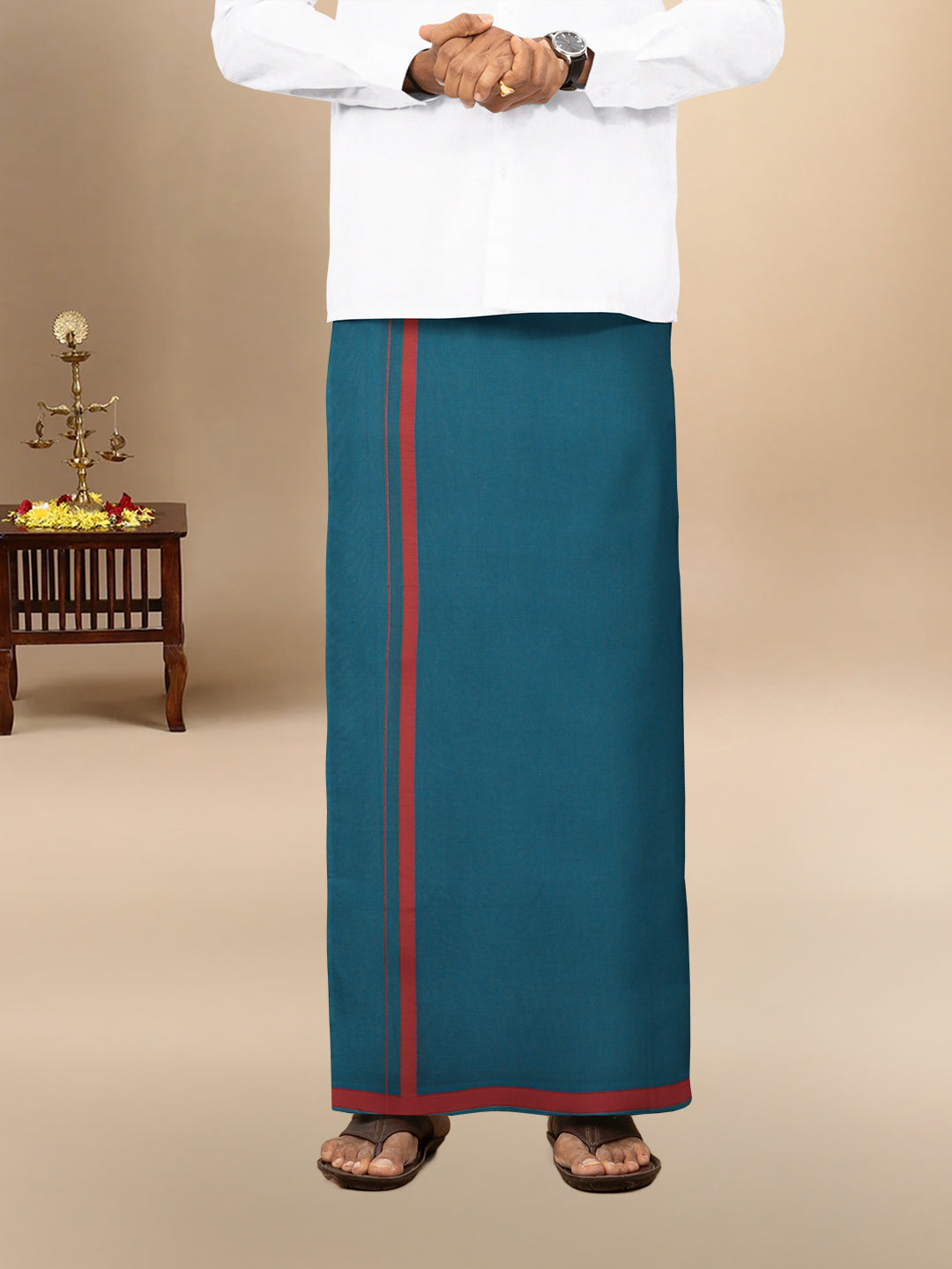 Men 100% Cotton Single Layer Teal Blue Dhoti with Big Border Poojan