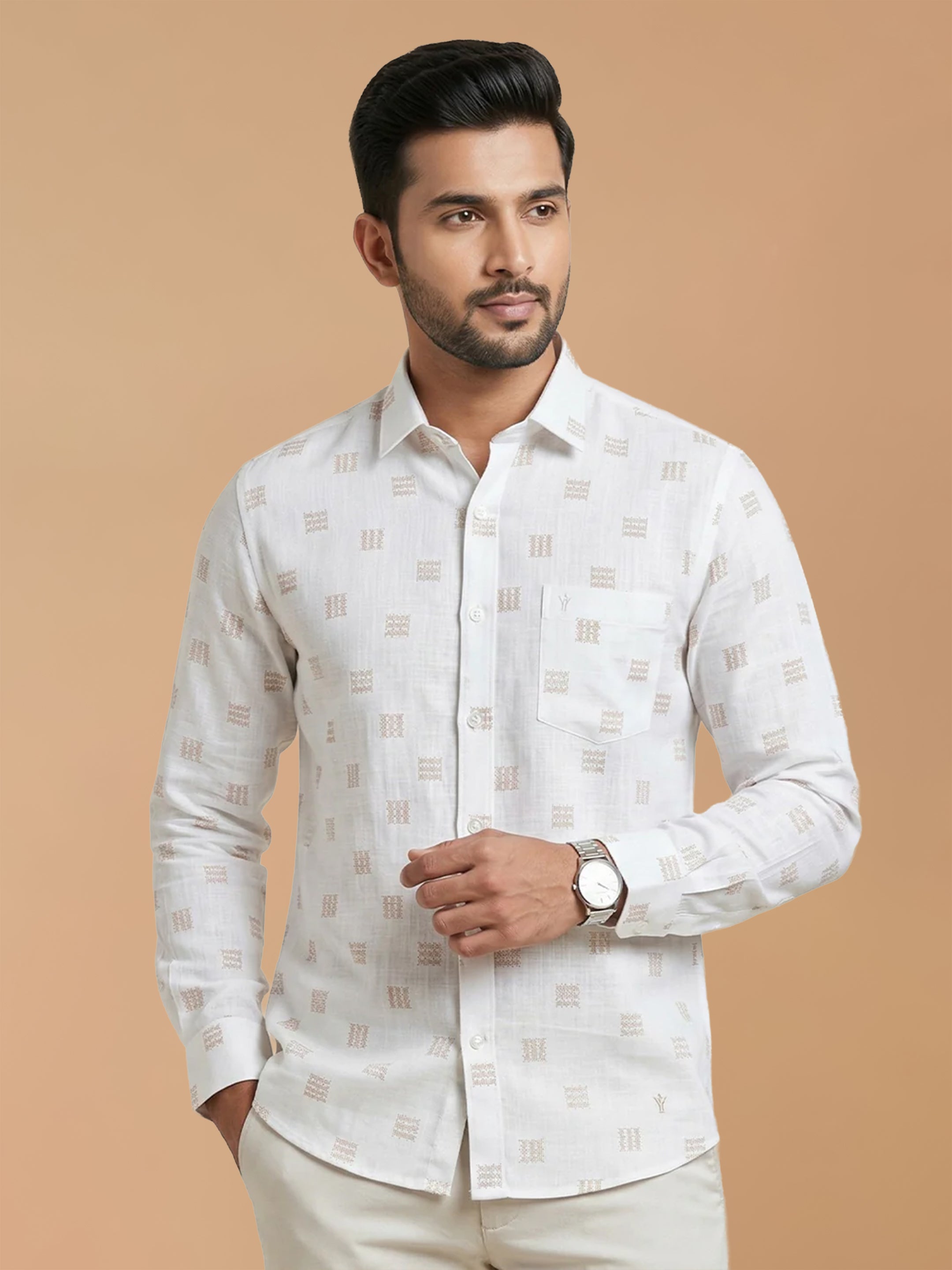 Cotton Rich White Printed Regular Fit Shirt T66 APT11