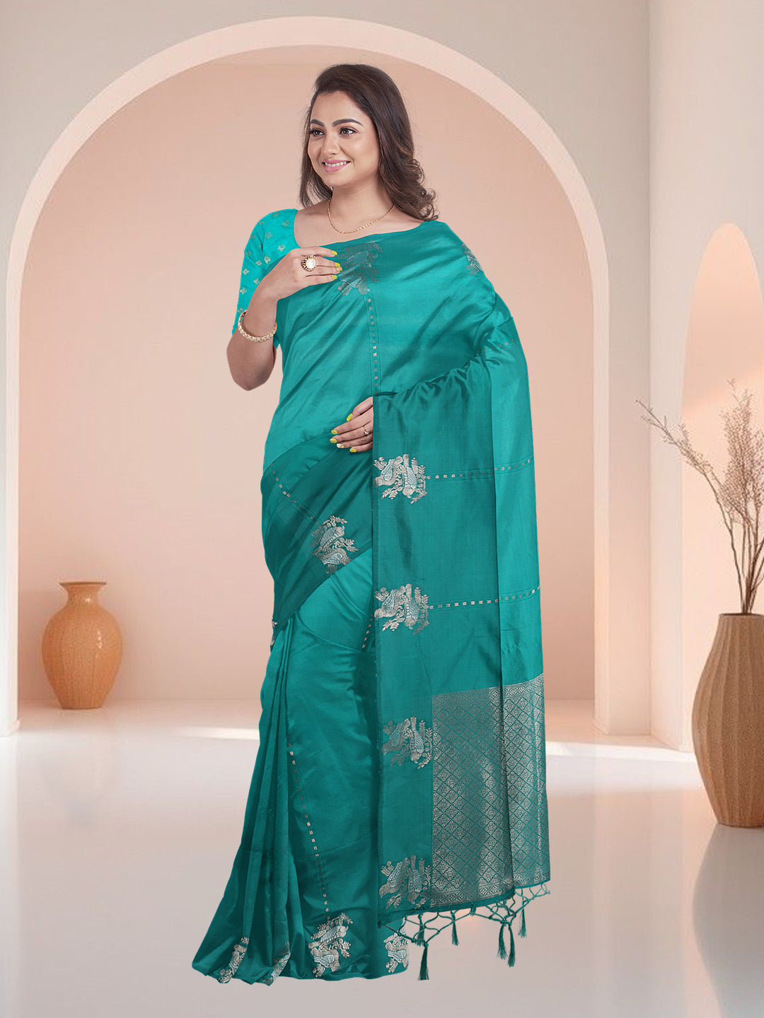 Women Teal Blue Semi Silk Saree SS350