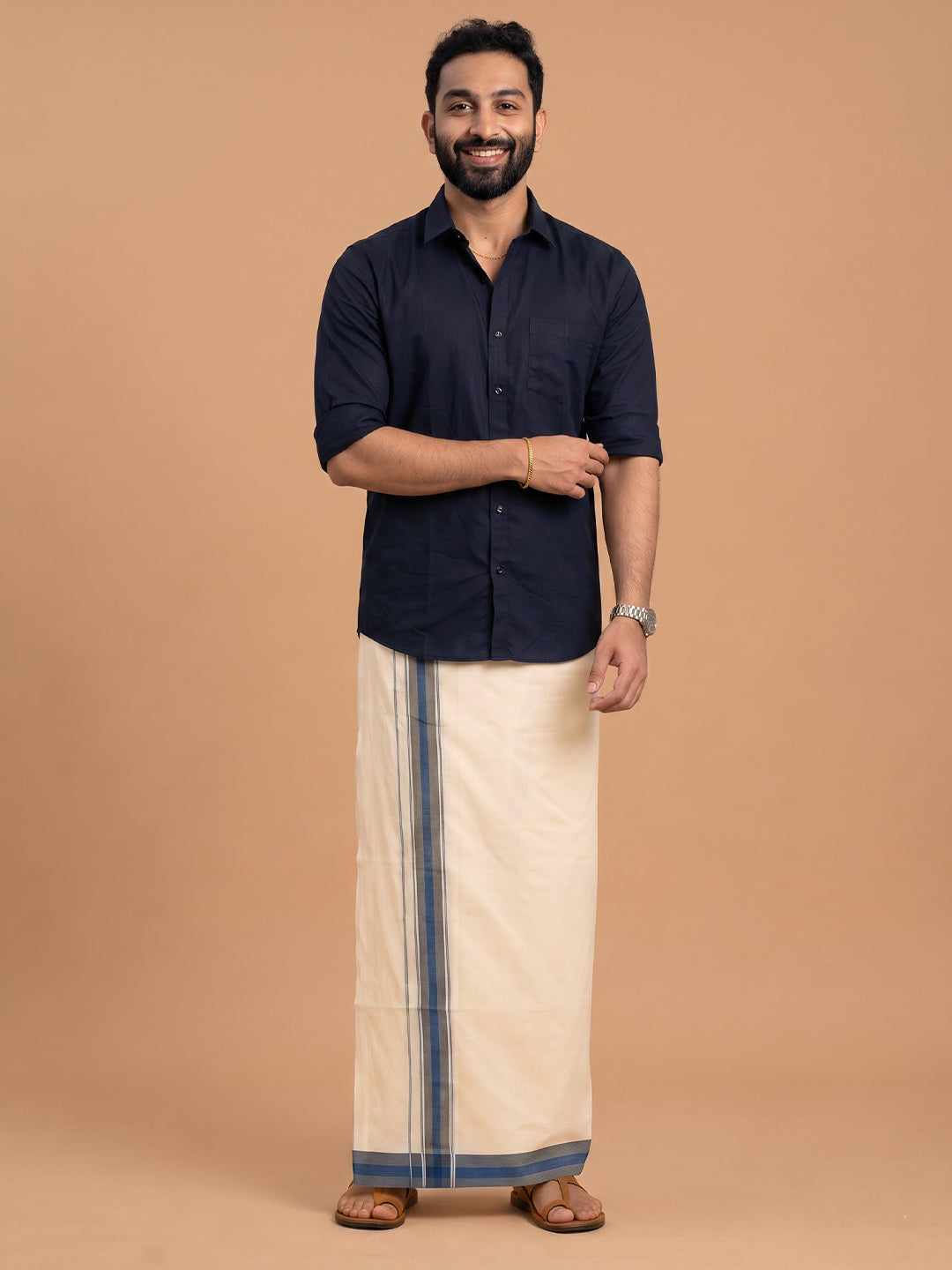 Double Layer Supima Cotton Cream Kora Dhoti with Colour Border - LC36
