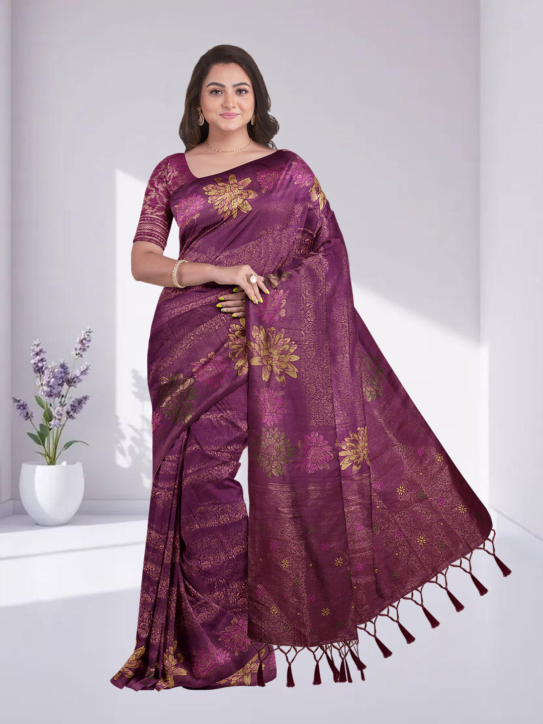 Women Dark Purple Semi Mysore Silk Saree SS366