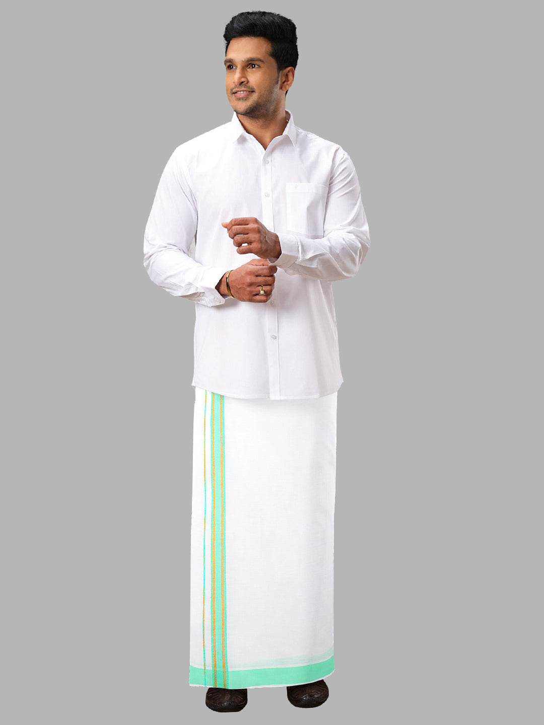 Men White with Green Fancy Border Readymade Pocket Single Layer Dhoti GACJ30