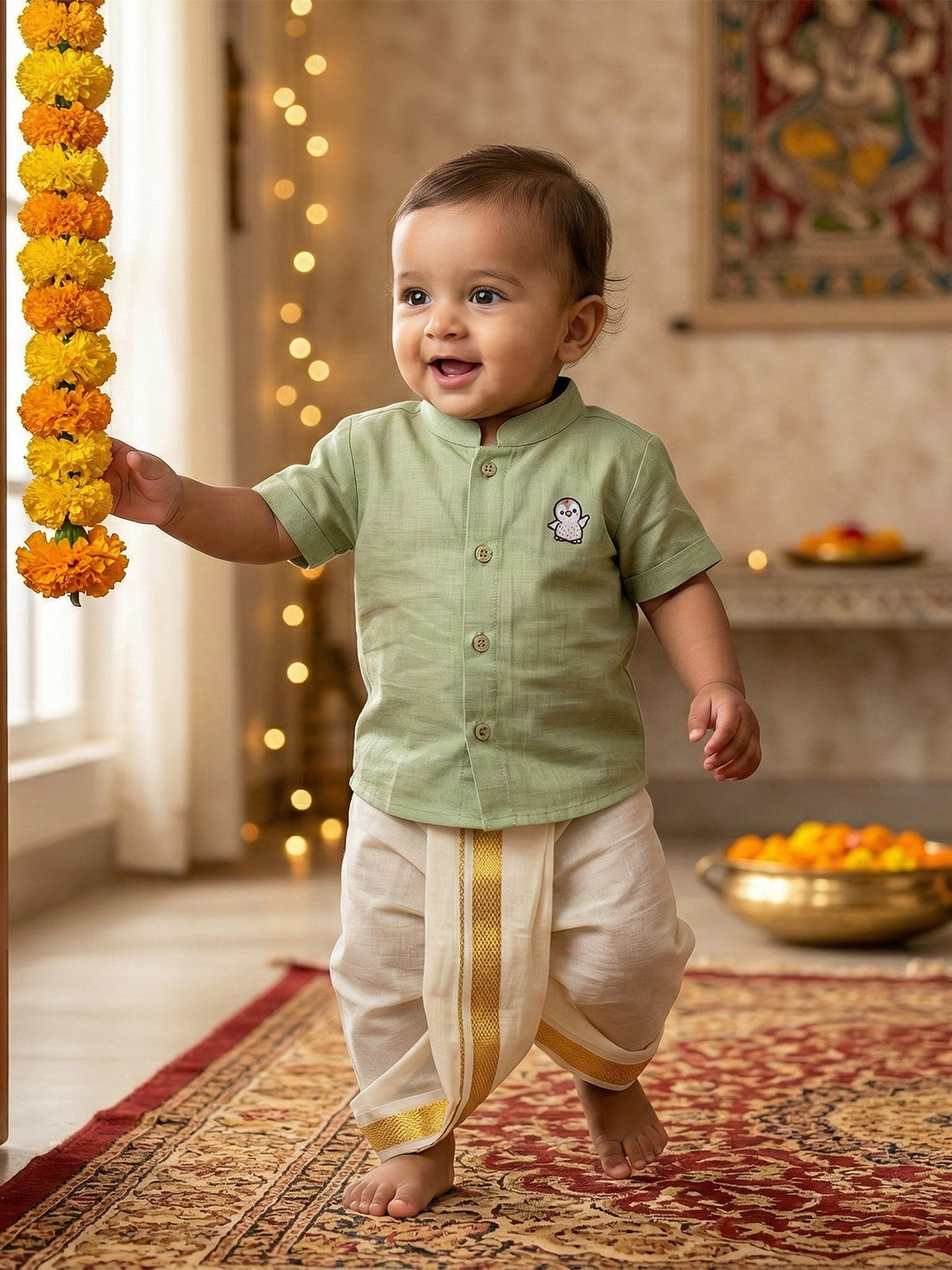 Born Baby Shirt Dhoti and Panchakacham Set Pista Green