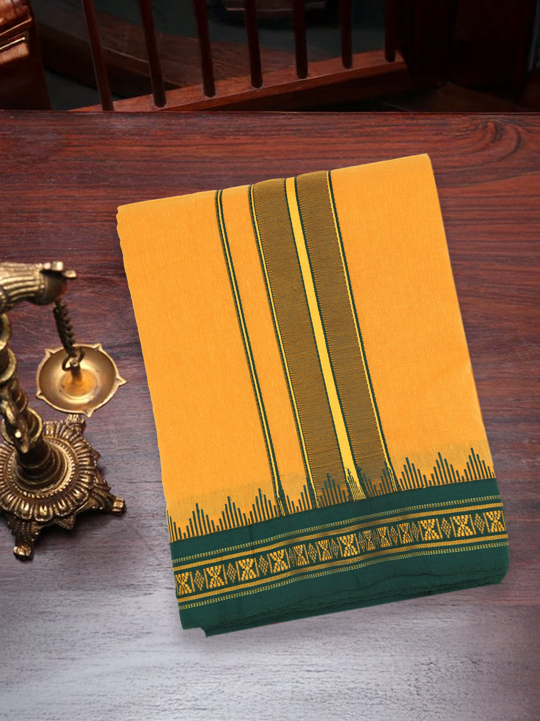 Men 100% Cotton Fancy Border Panchakacham with Angavasthram Mango (9+5)