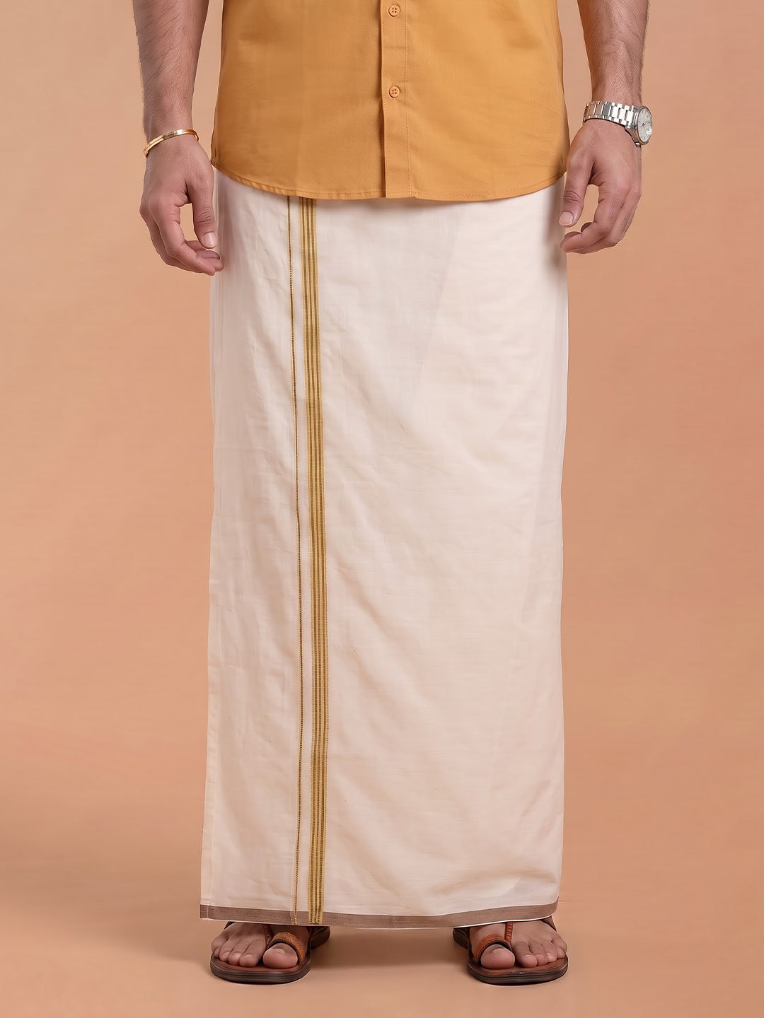 Double Layer 100% Cotton Cream Kora Dhoti with Colour Border - BJK02