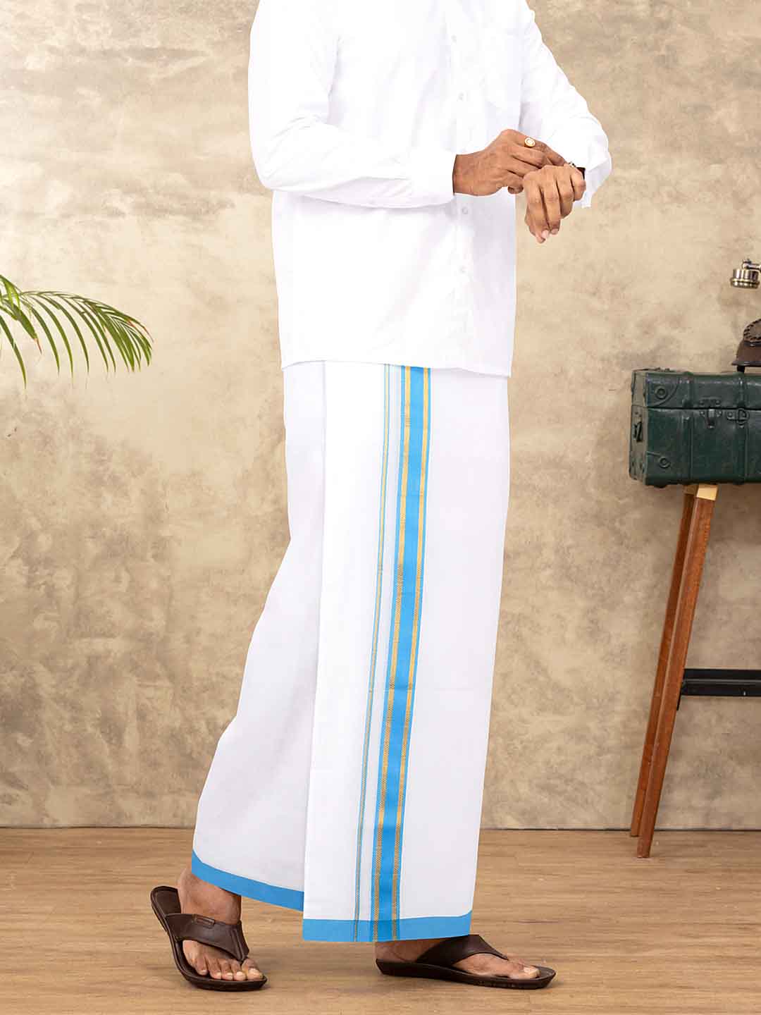 Men Cotton Blend Double Layer White Dhoti with Fancy Jari Border TGJF01