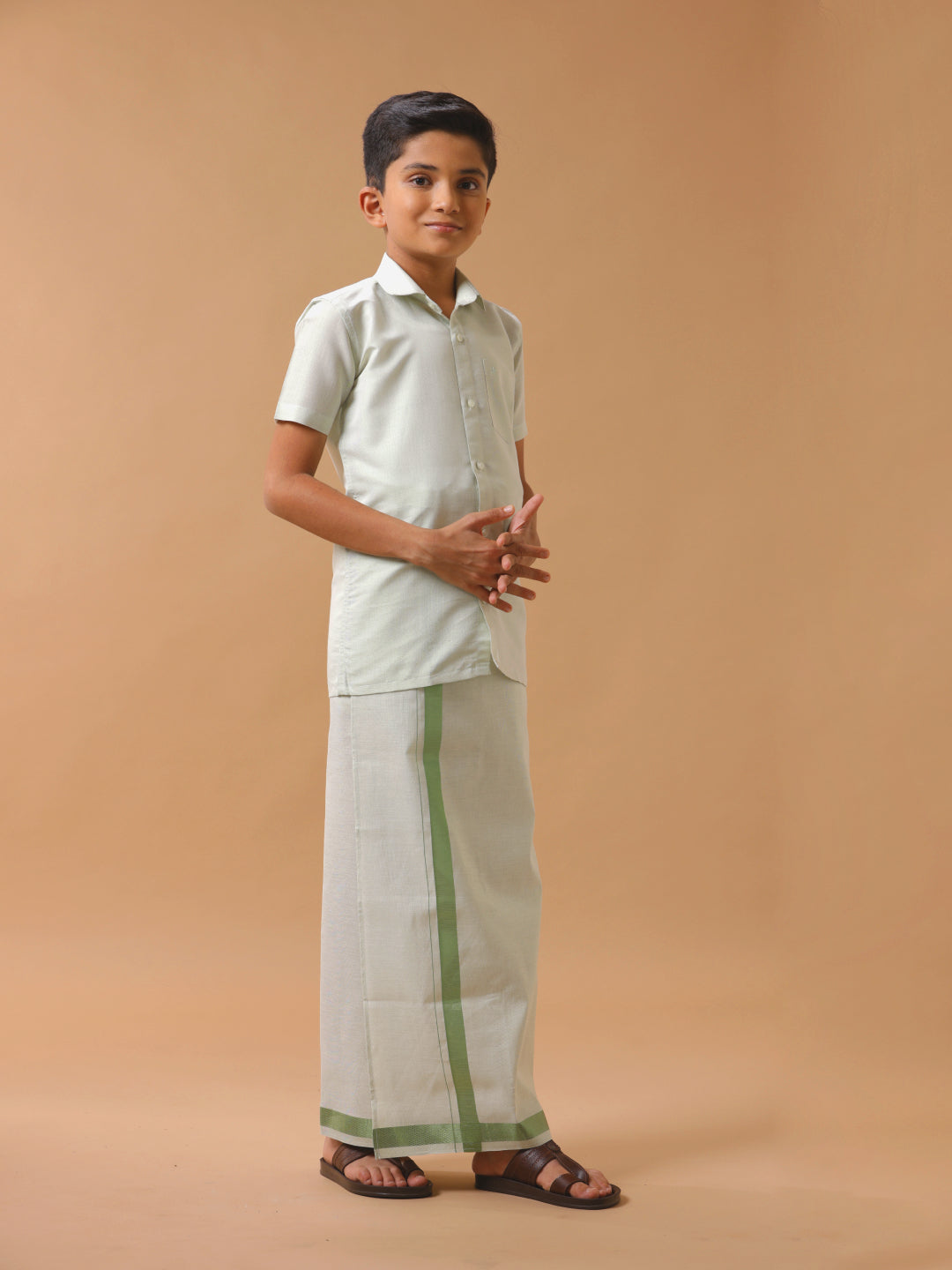 Like Father Like Son Tissue Dhoti & Shirt Combo Set Moss Green