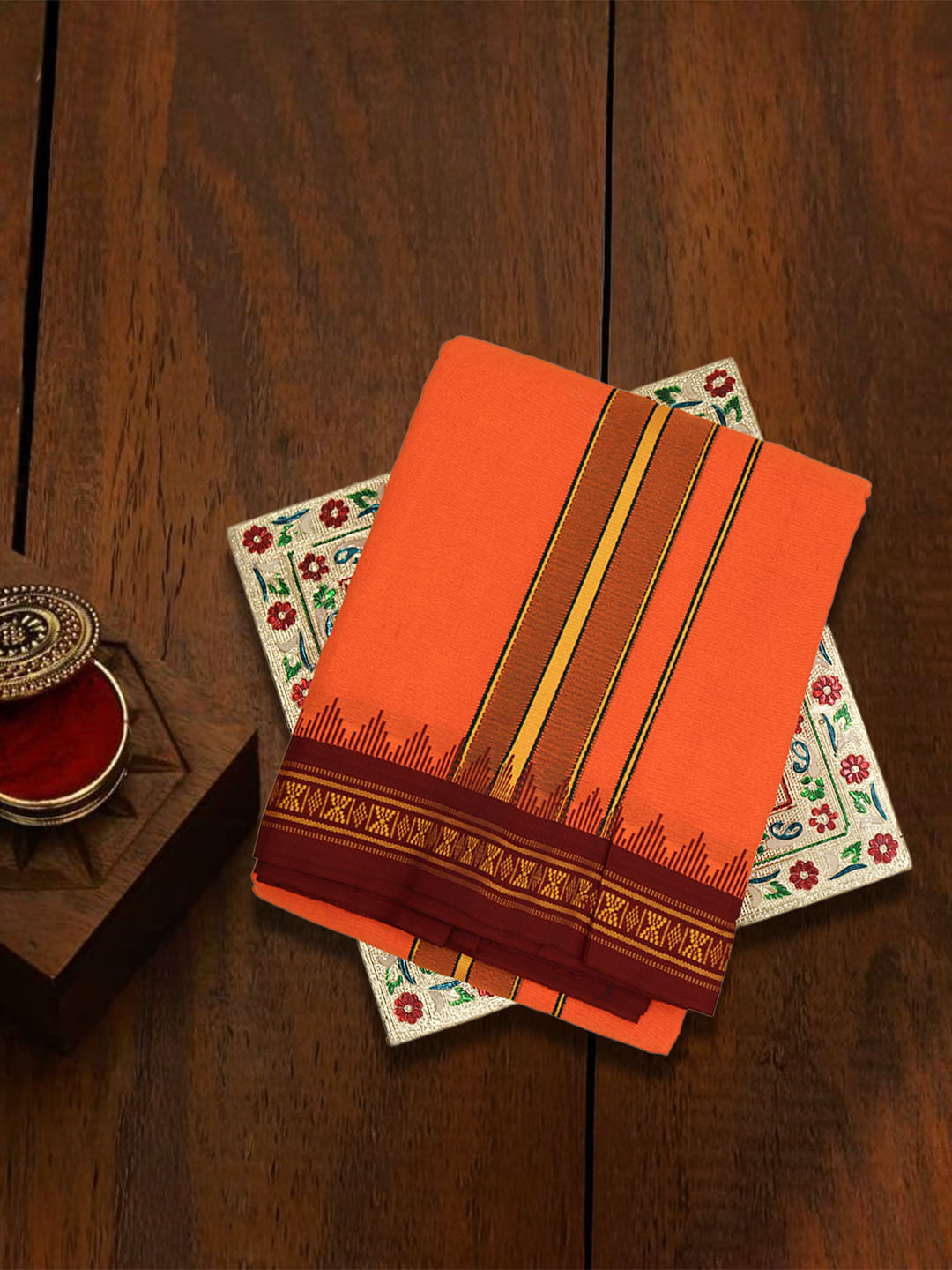 Men 100% Cotton Fancy Border Panchakacham with Angavasthram Orange(9+5)