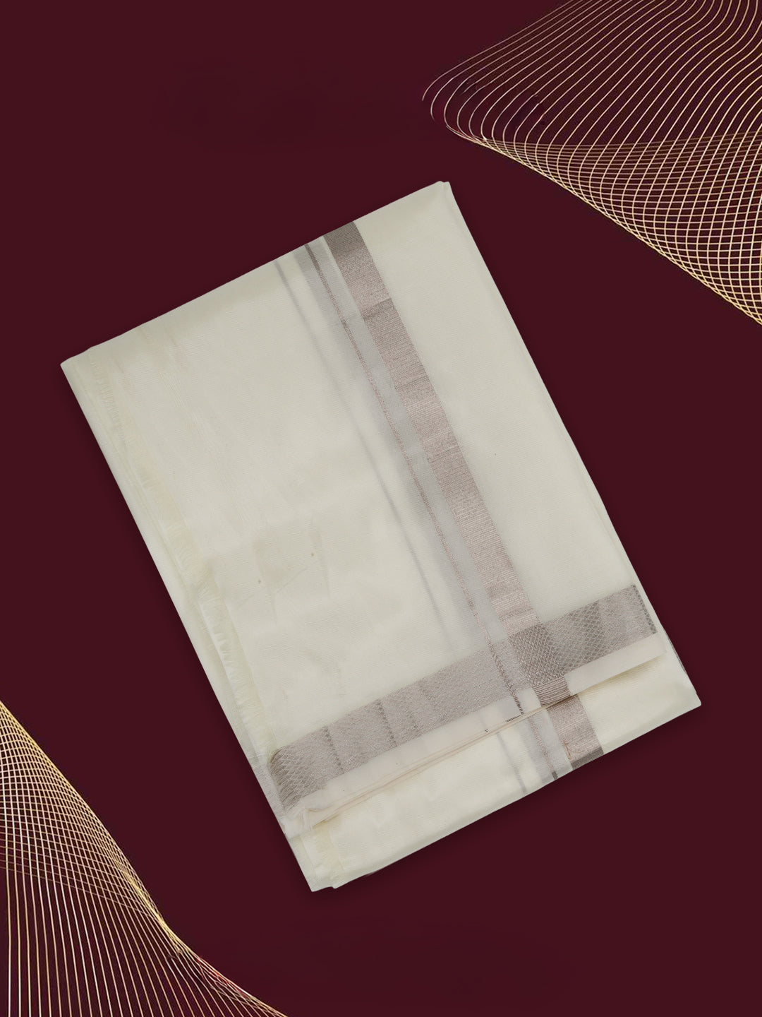 Men Silk Cream Double Layer Dhoti 1" inch Silver Border Suba Vivaga