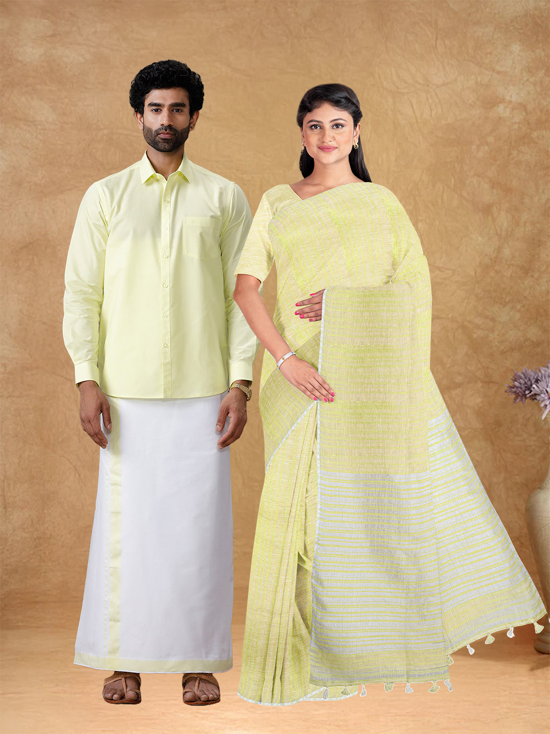 Couple Combo Shirt & Dhoti Set with Saree Lemon Yellow SL196