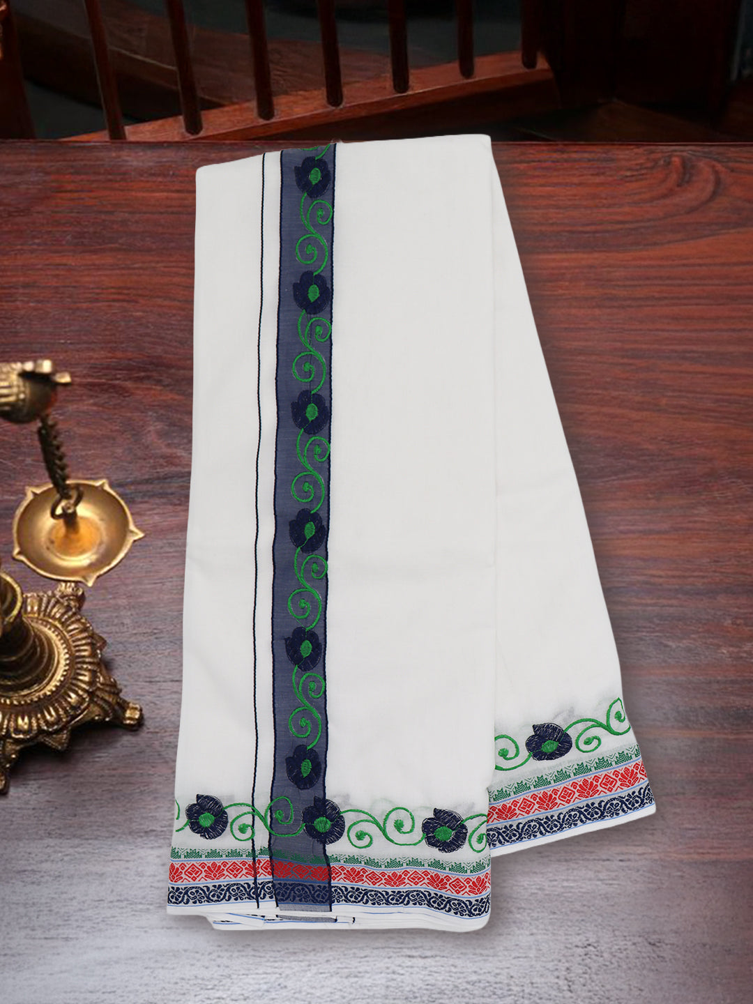Men 100% Cotton Navy Fancy Border Panchakacham Set White(9+5)