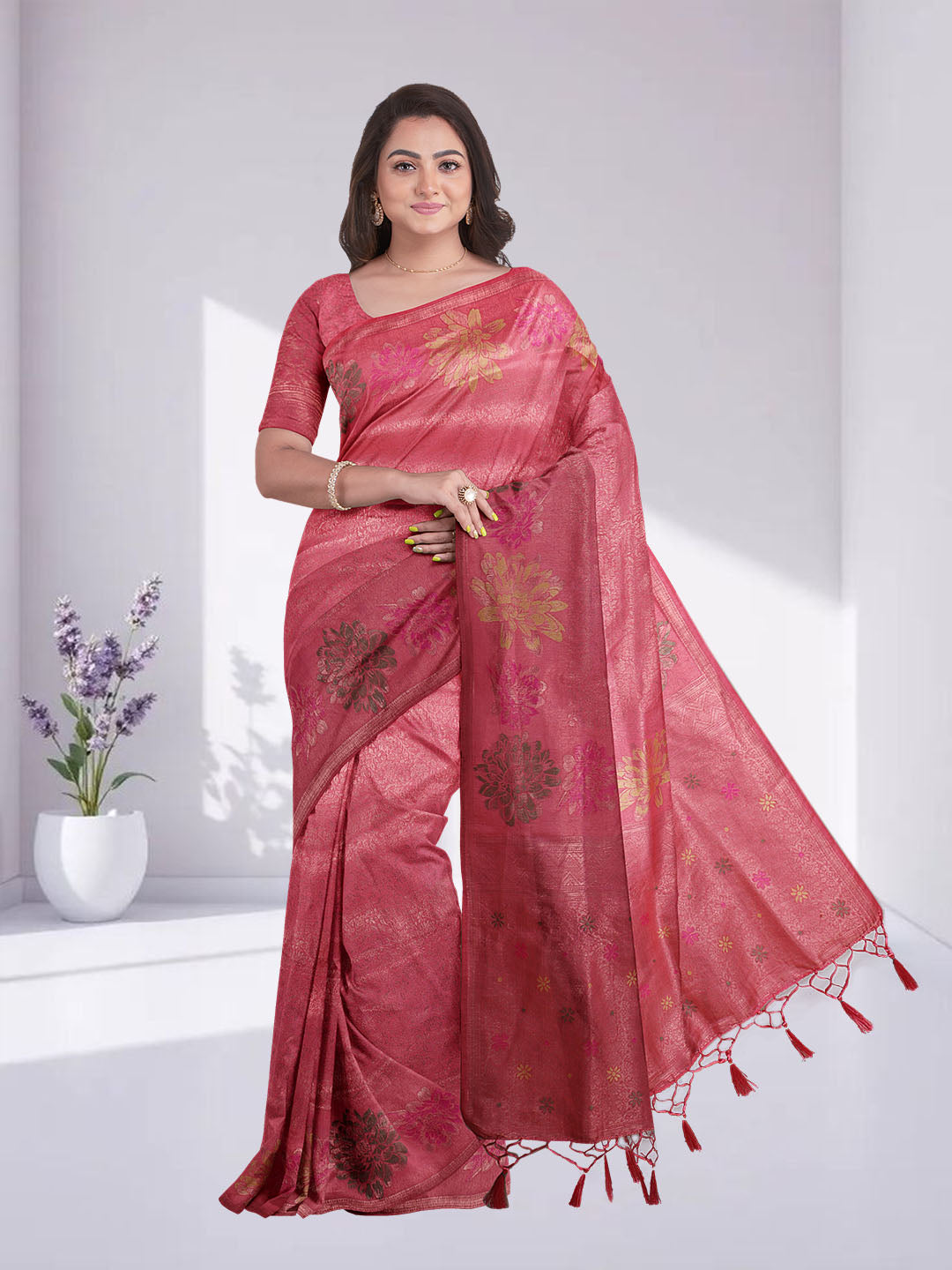 Women Coral Pink Semi Mysore Silk Saree SS373