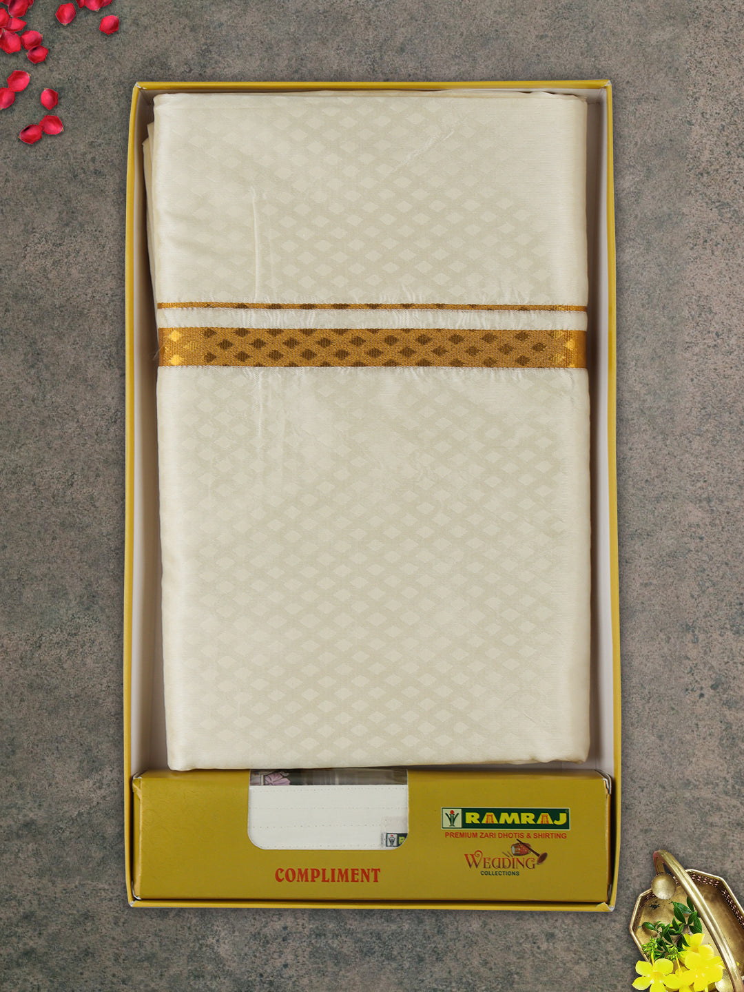 Men Gold Border Double Dhoti & Towel Set Ishwaryam Embose