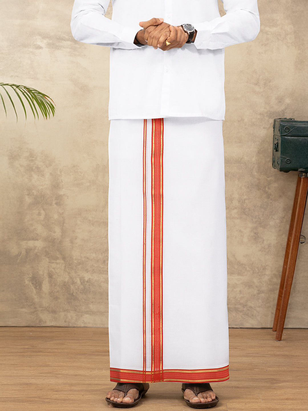 Men 100% Cotton Double Layer White Dhoti with Fancy Jari Border RF05