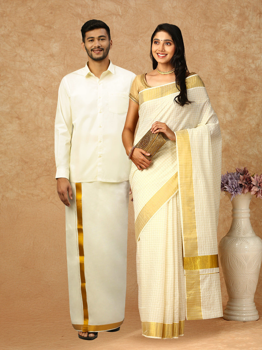 Couple Combo Shirt & Dhoti Set with Saree Cream KS139