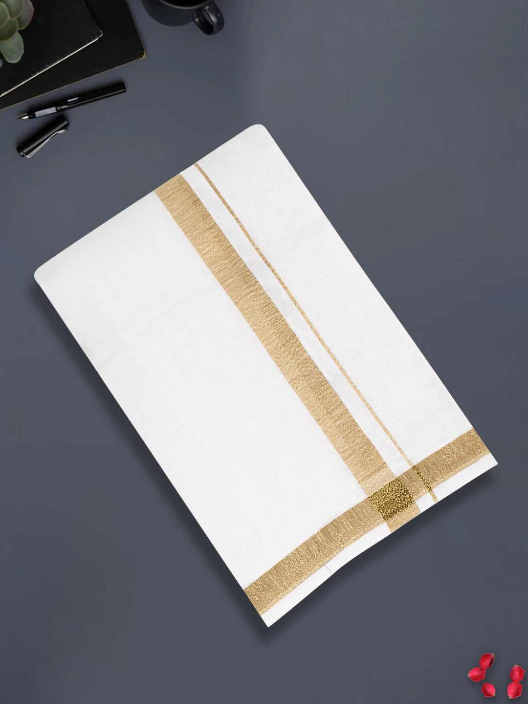 Men Pure Linen Double Layer White Dhoti with Gold Jari Border