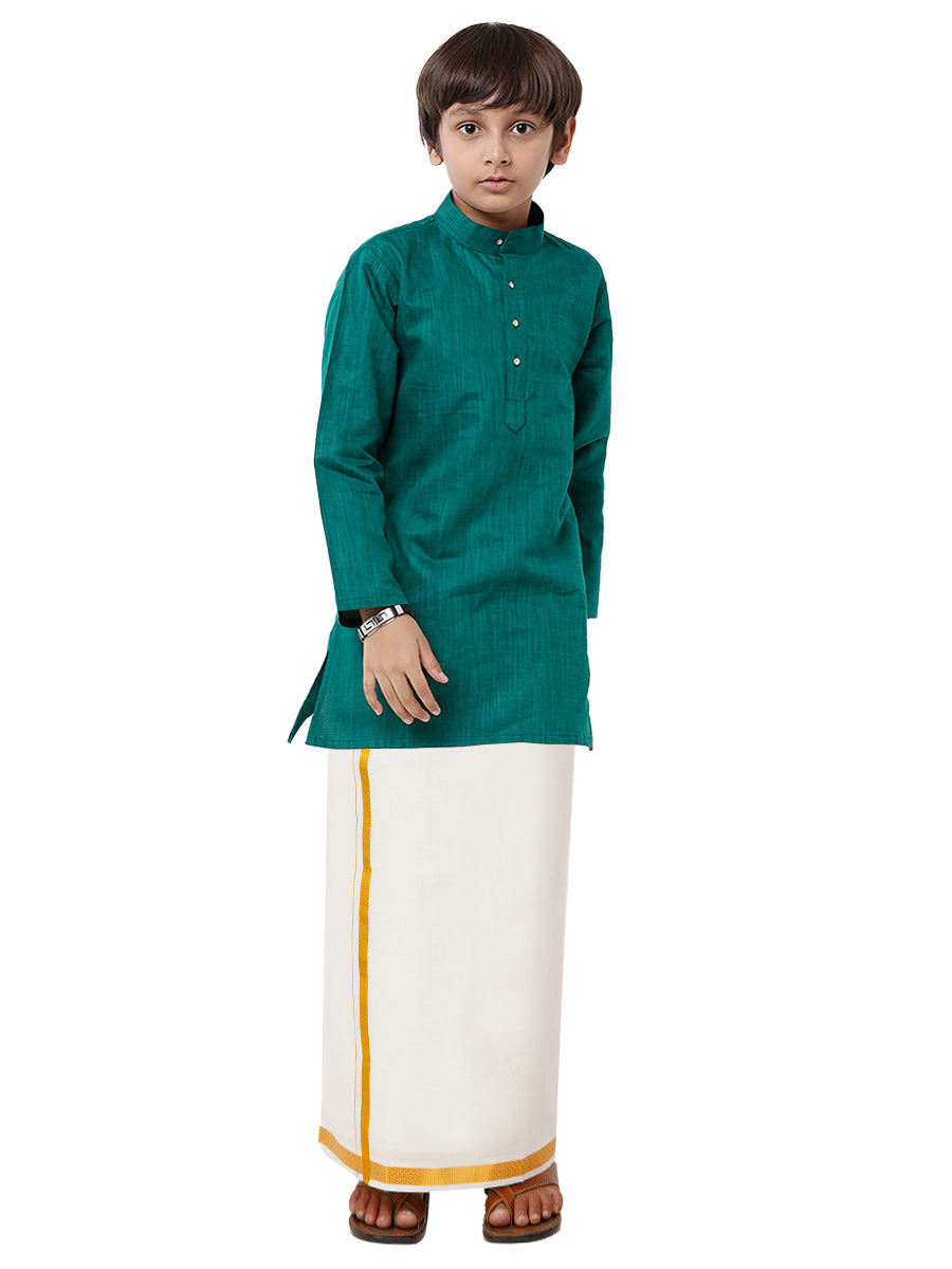 Like Father Like Son Dark Green Kurta and Gold Jari Border Cream Dhoti Combo FS5