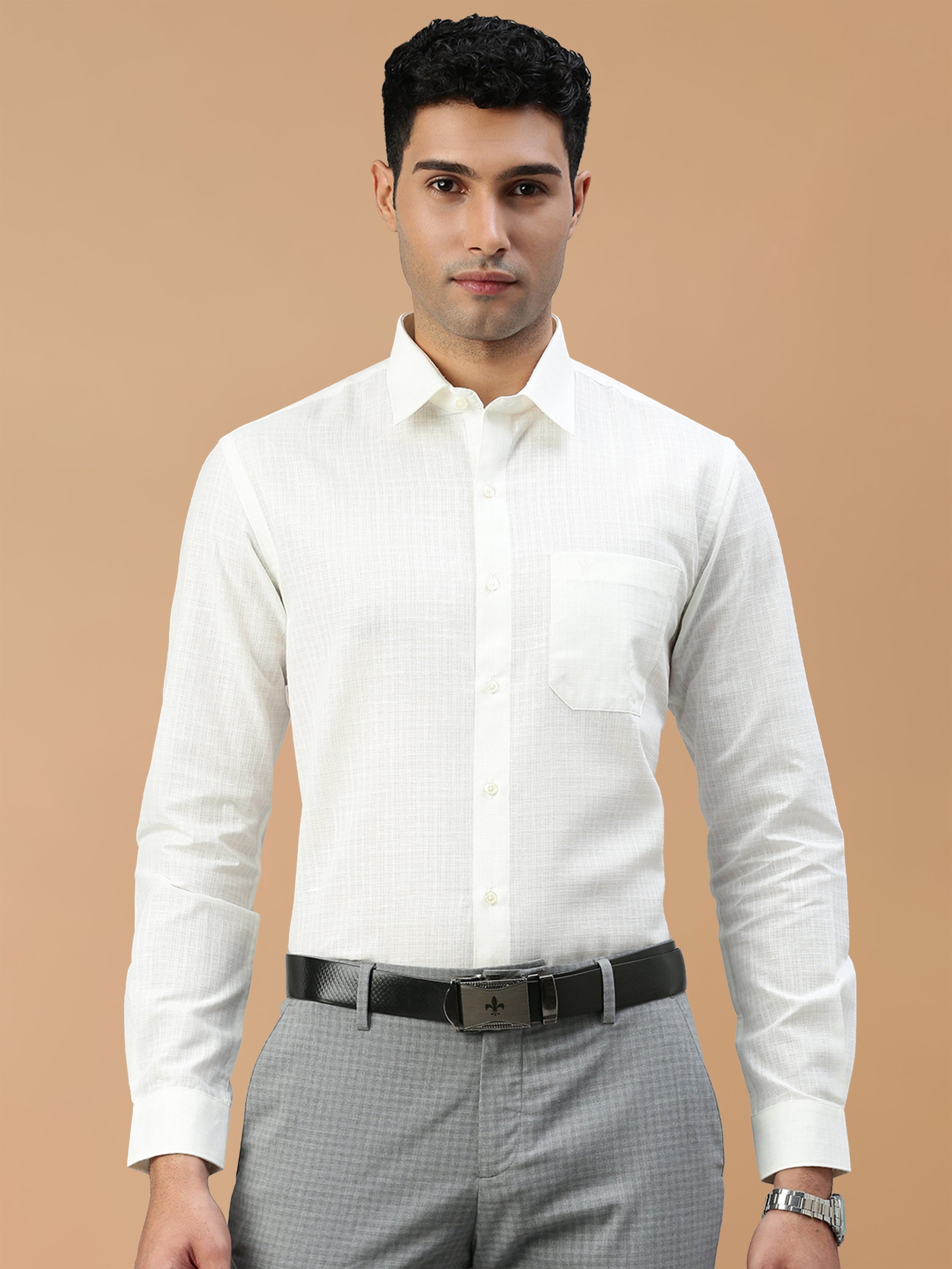 Cotton Rich Self Design Cream Regular Fit Shirt Celebrity 2