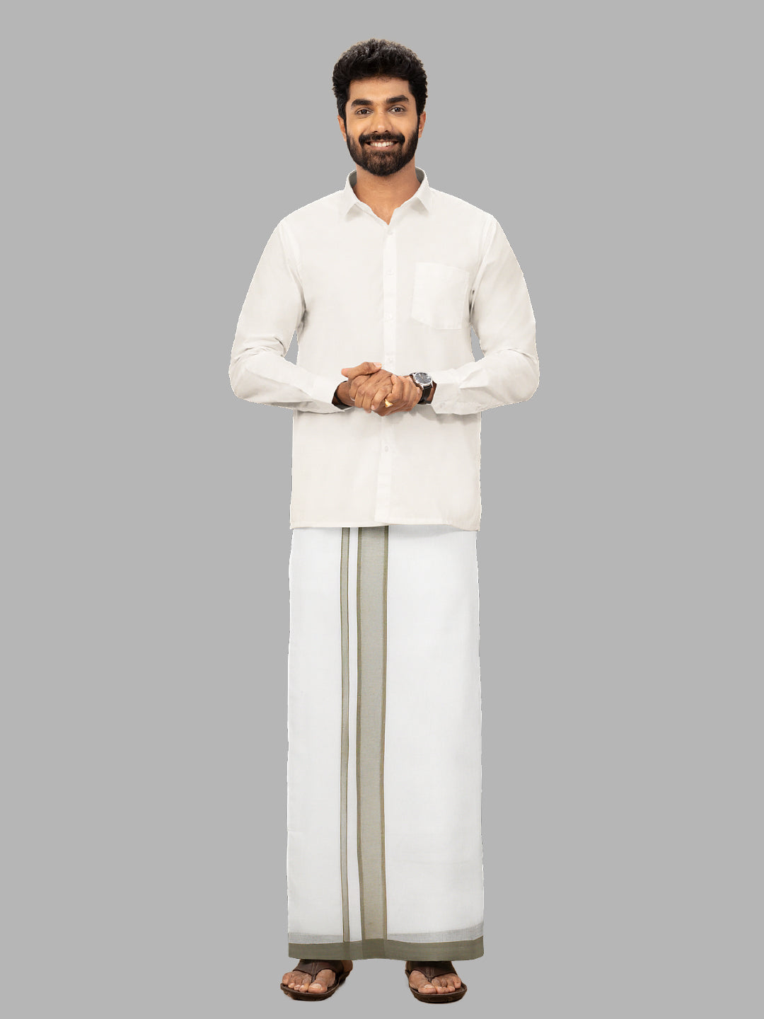 Men Green Fancy Border Double Layer White Dhoti RP4