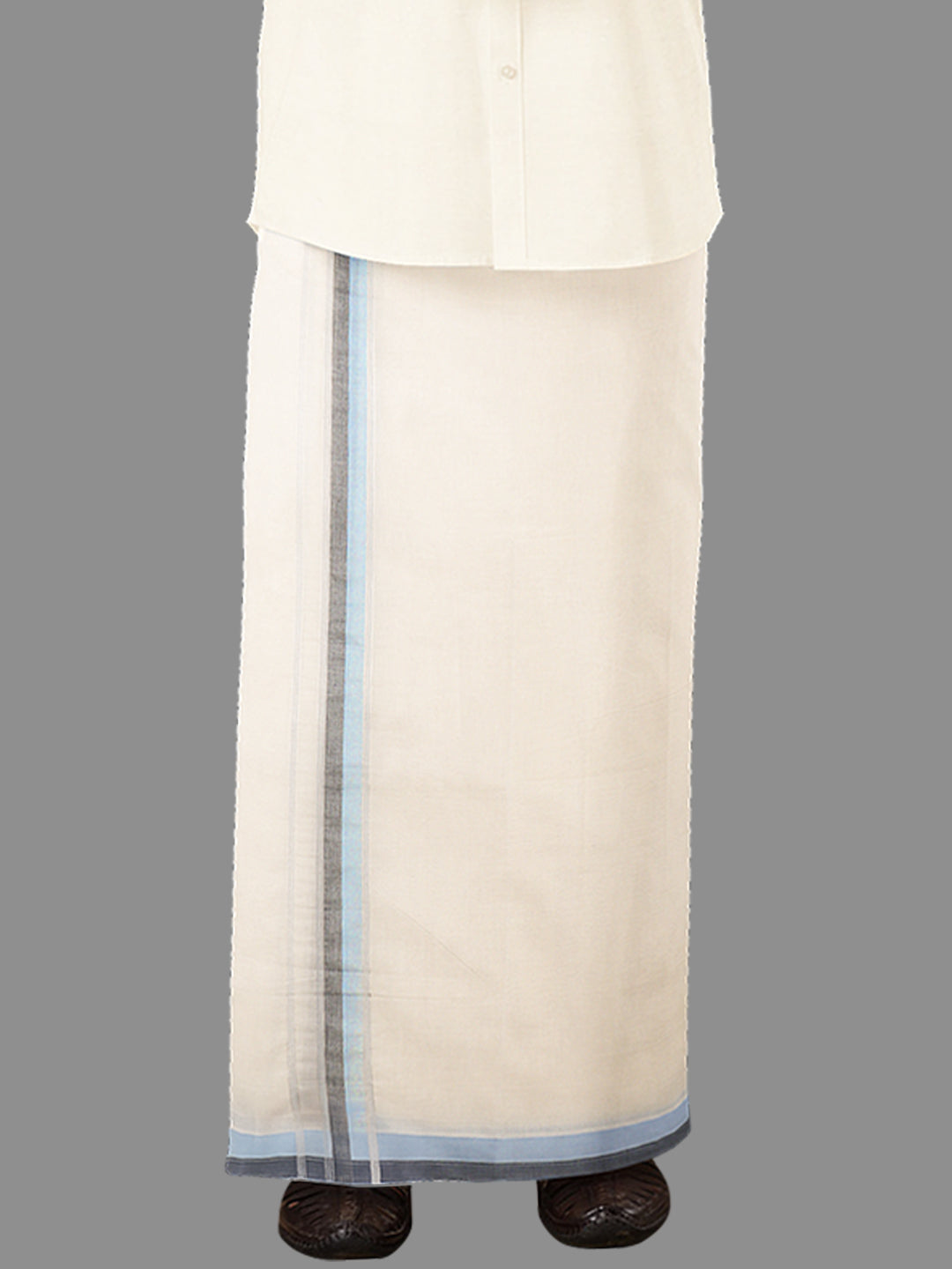 Men Blue Fancy Jari Border Kora Double Dhoti Harmony Fancy