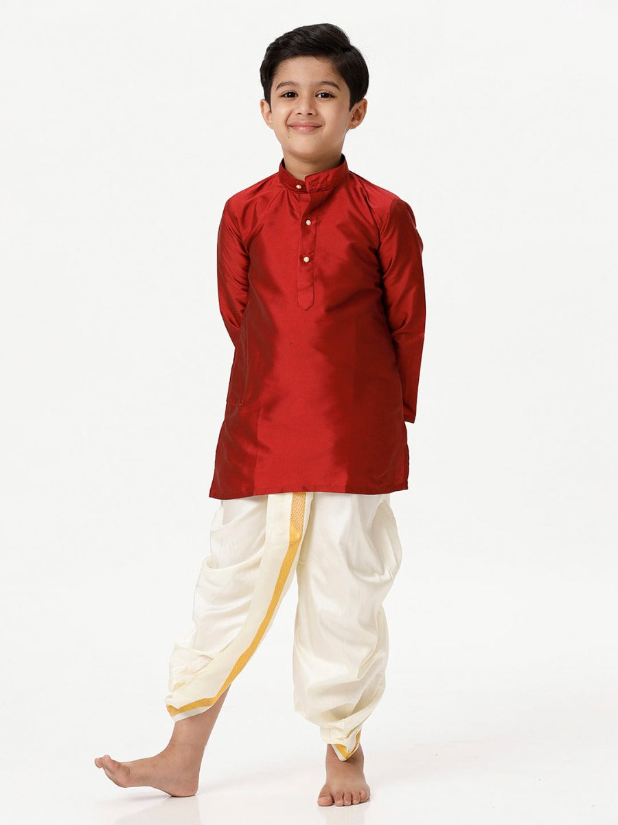 Boys Silk Cotton Full Sleeves Red Kurta with Panchakacham Combo-Front view
