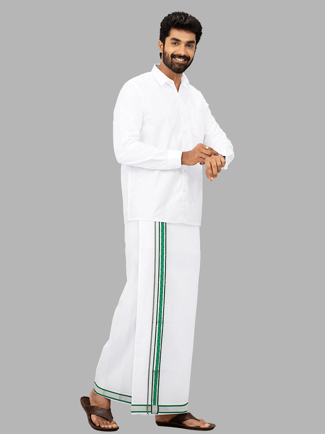 Men Green Fancy Jari Border Single Layer White Dhoti LW01