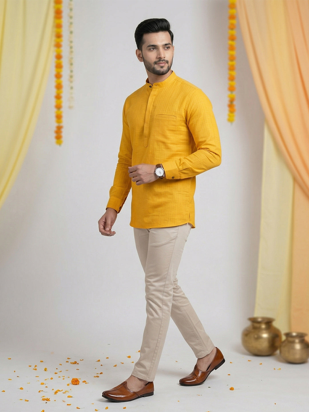 Men Cotton Short Length Self Design Pocket Kurta Mango Yellow Y28