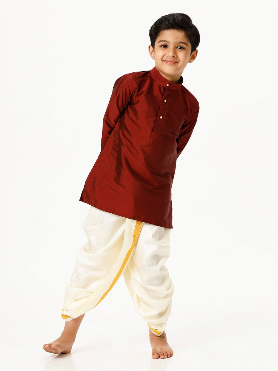 Boys Silk Cotton Full Sleeves Maroon Kurta with Panchakacham Combo-Front view