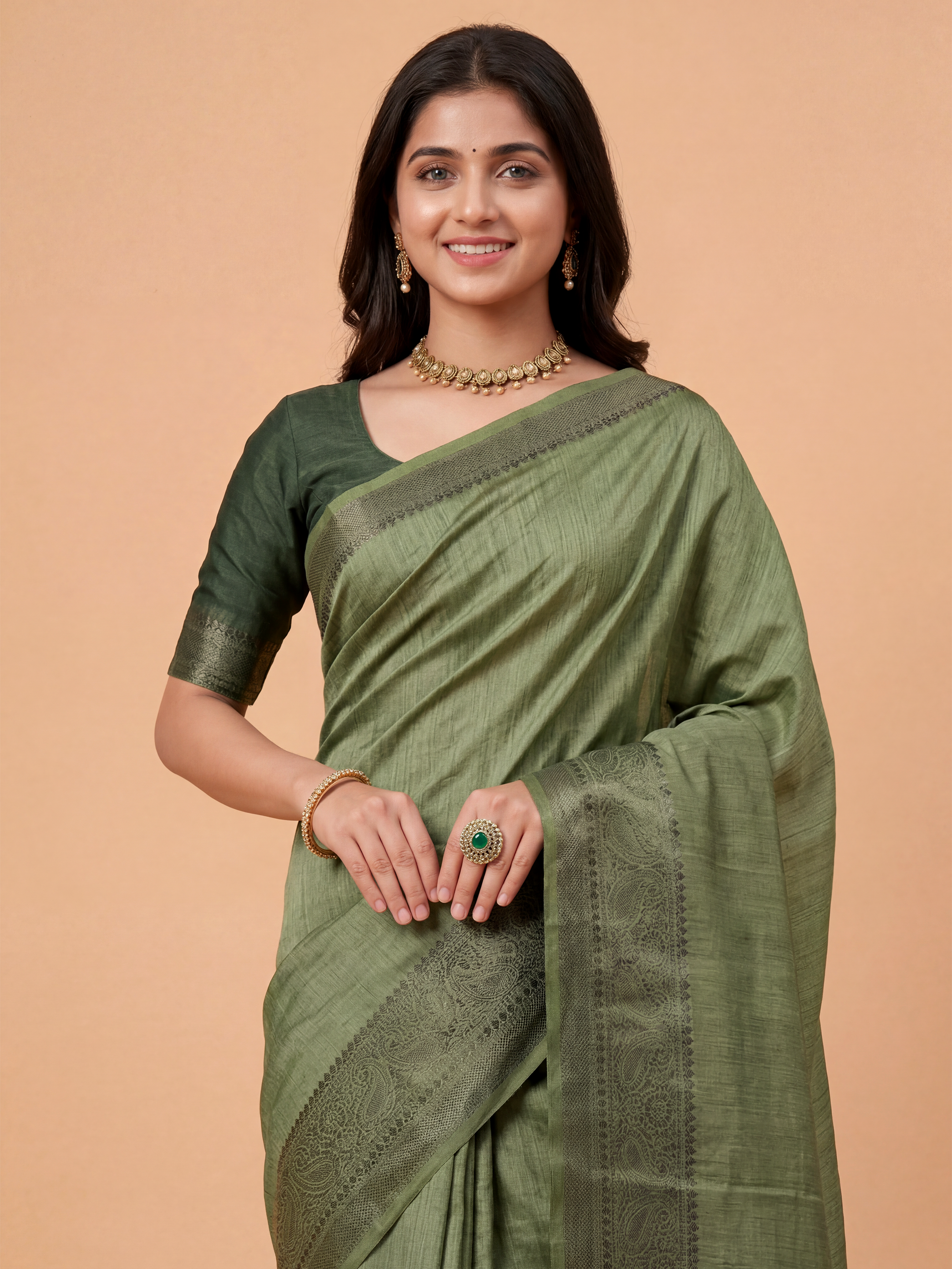 Women Semi Tussar Pista Green Saree ST336