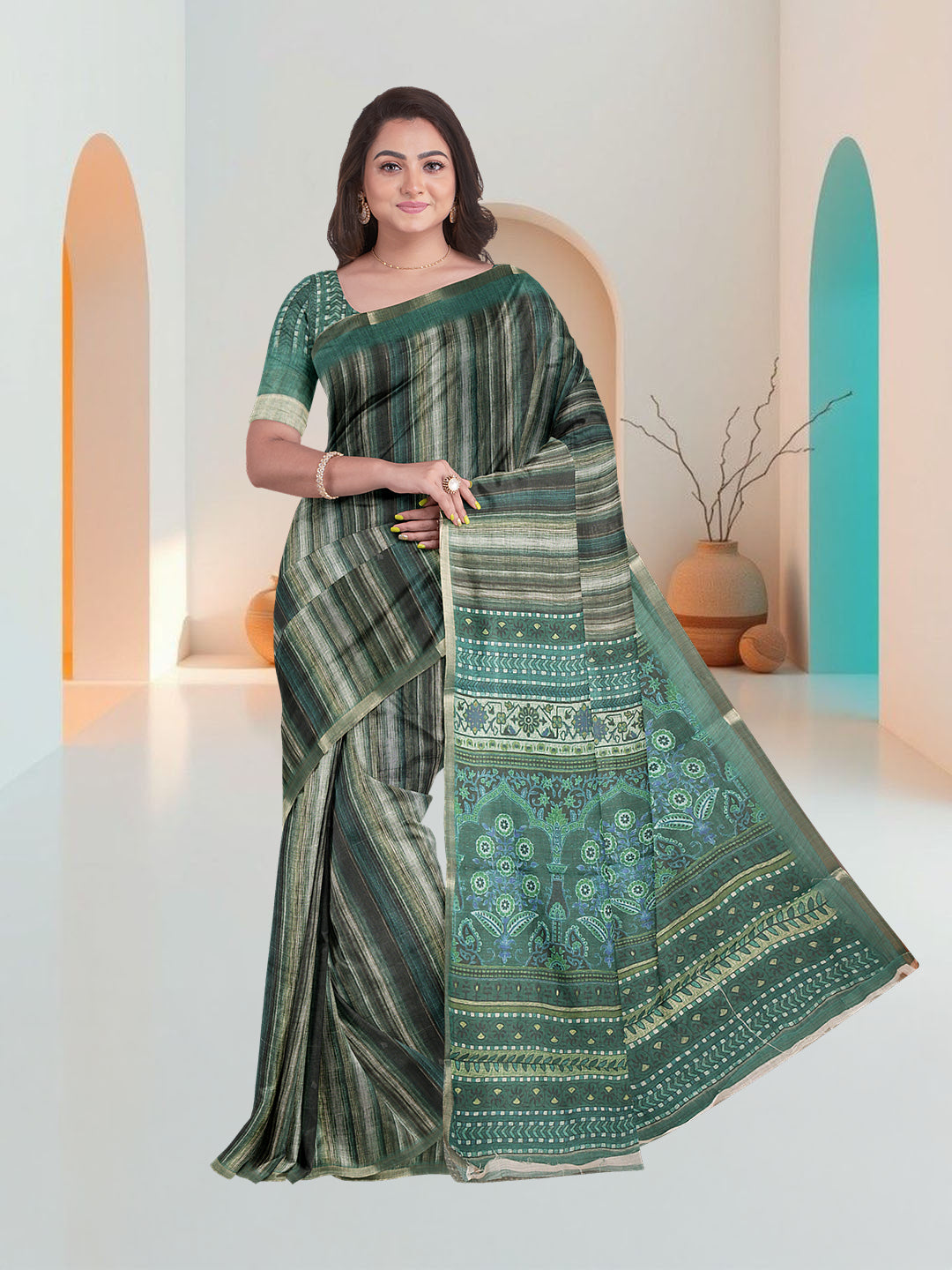 Women Green Semi Linen Saree SL220