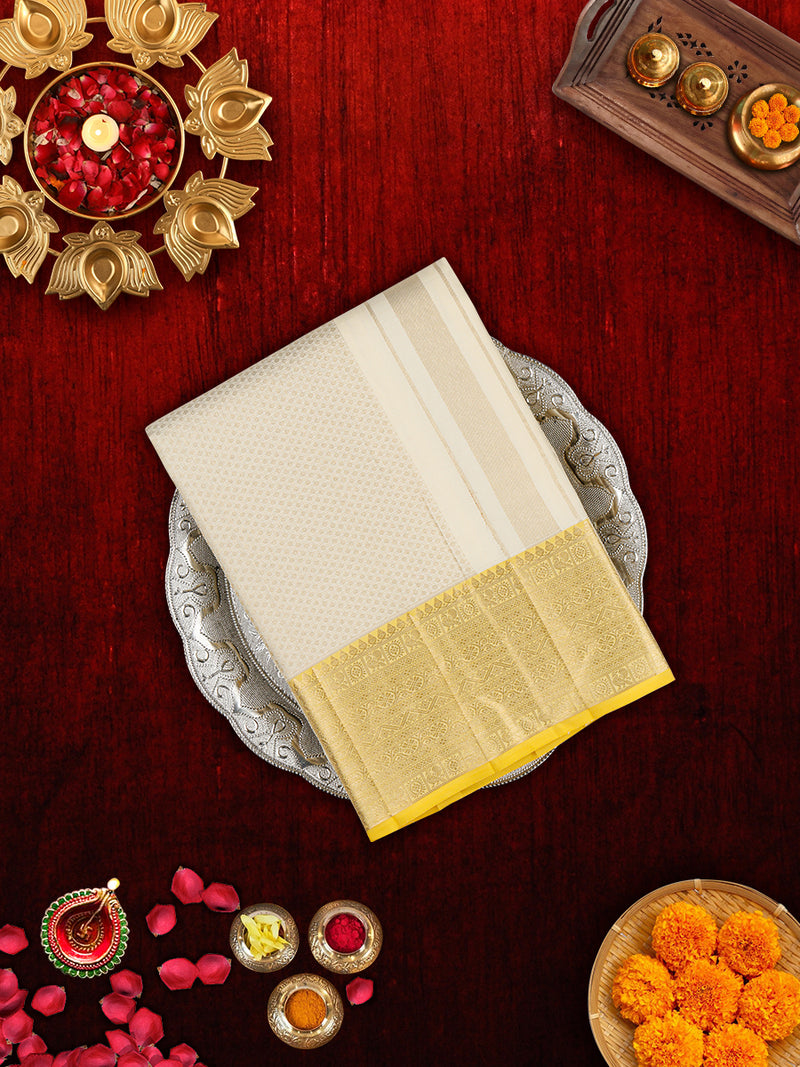 Premium Pure Silk Cream Tissue Dhoti With Angavastram 6" Yellow Jari Border Agarshanaa
