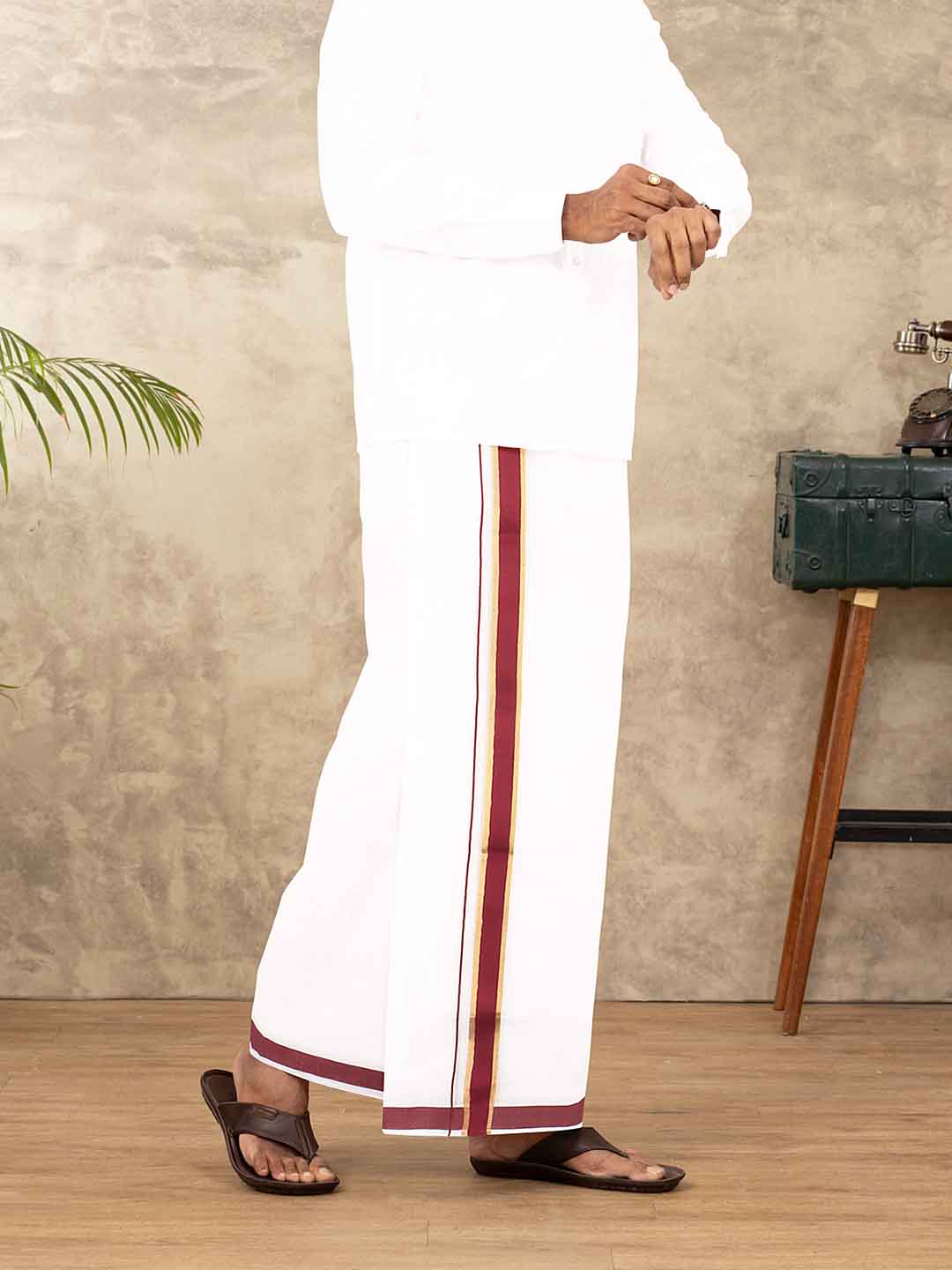 Men Cotton Blend Double Layer White Dhoti with Fancy Jari Border VGF01